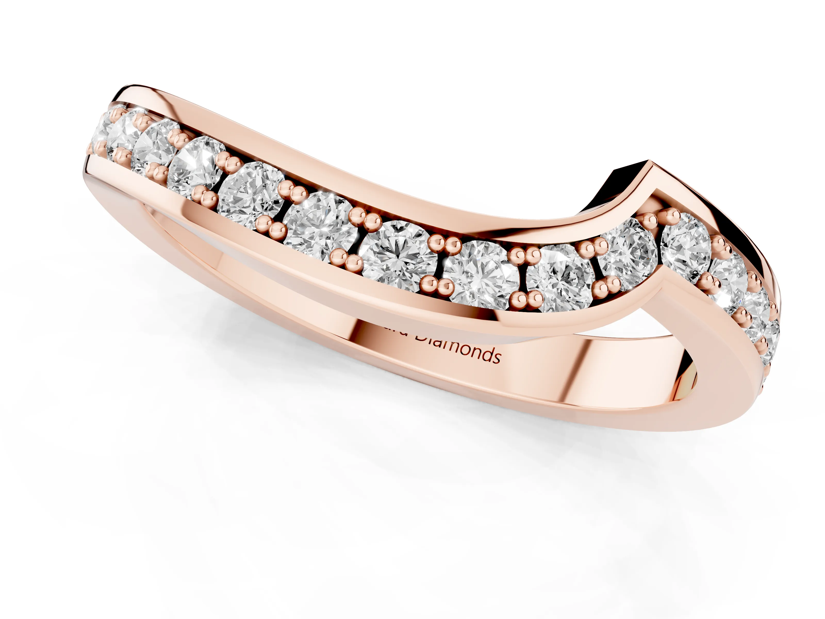 Round Diamond Curved Wedding Band Set in Rose gold with Pavé Channel Setting