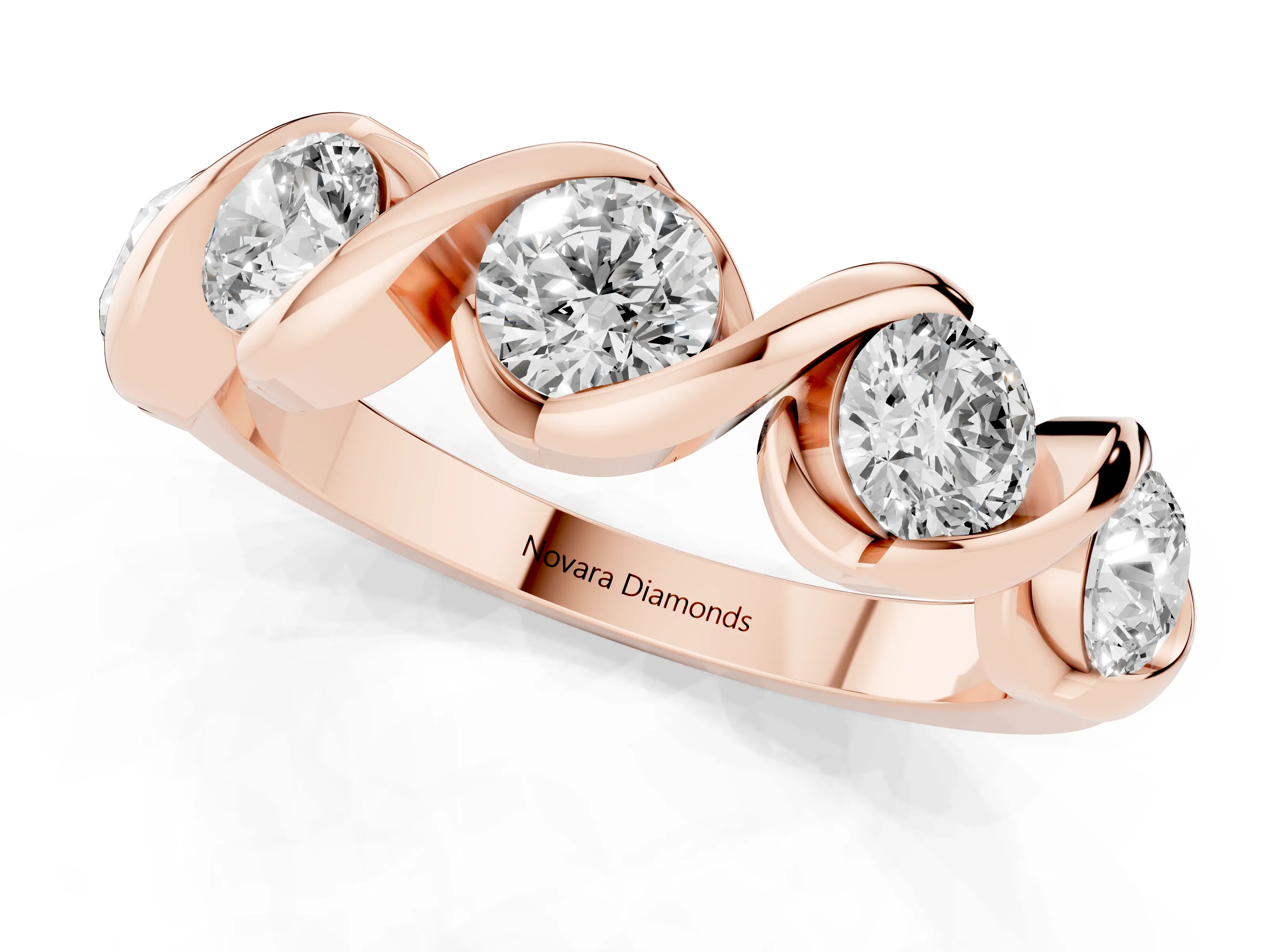 Round Diamond Flowing Wave Band Set in Rose gold with Channel Walls and Shared Prongs – second view