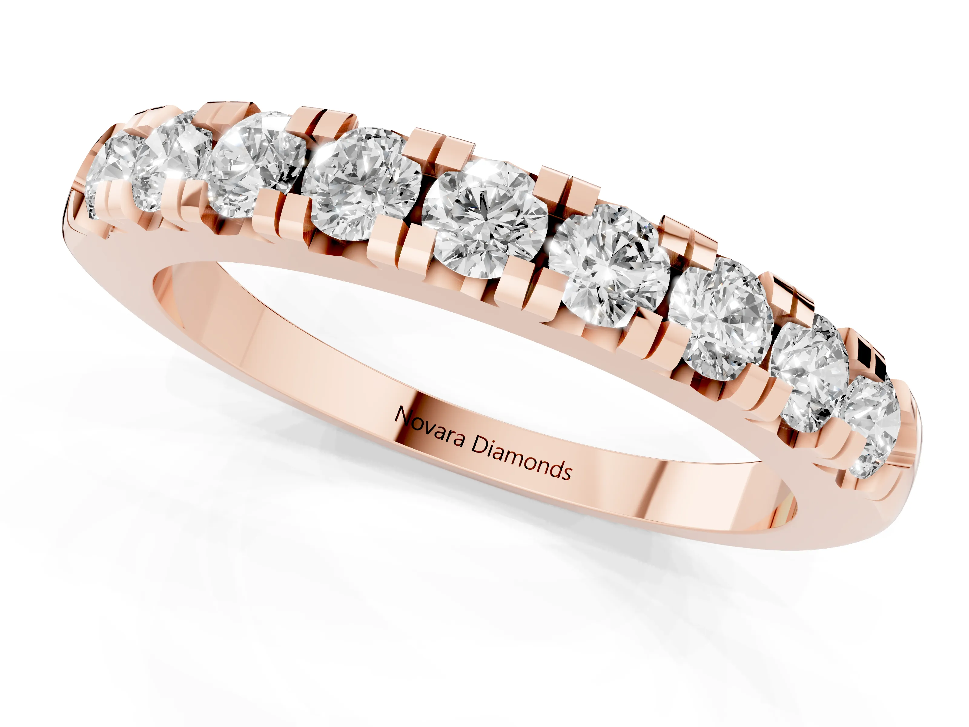 Round Diamond Half Eternity Band Set in Rose gold with Prong-Held Row