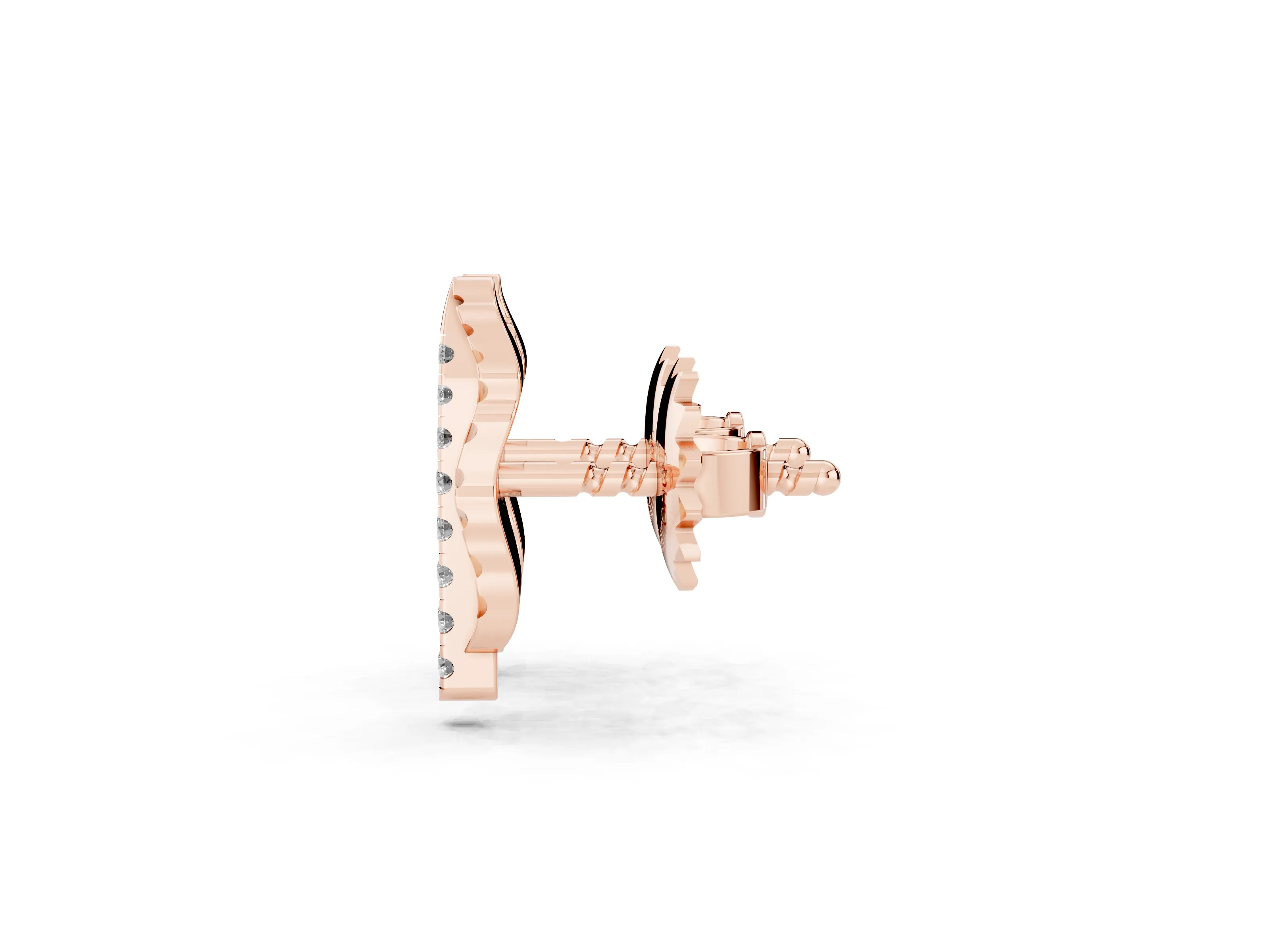 Round Lab-Grown Diamond Sculpted Leaf Stud Earrings | Stone-Set Vein | Rose Gold
