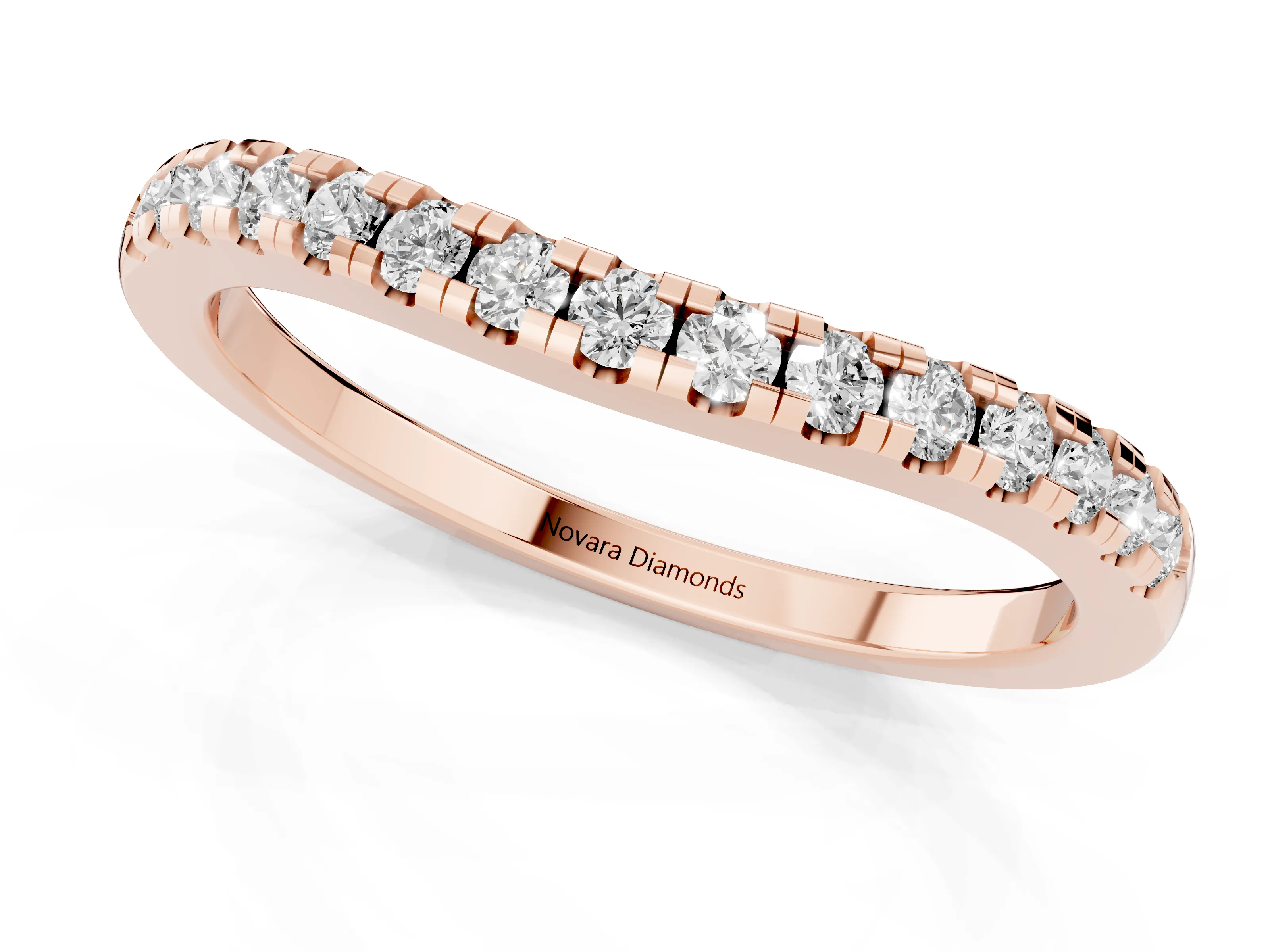 Round Diamond Curved Band Set in Rose gold with Pavé Shared Prong Row