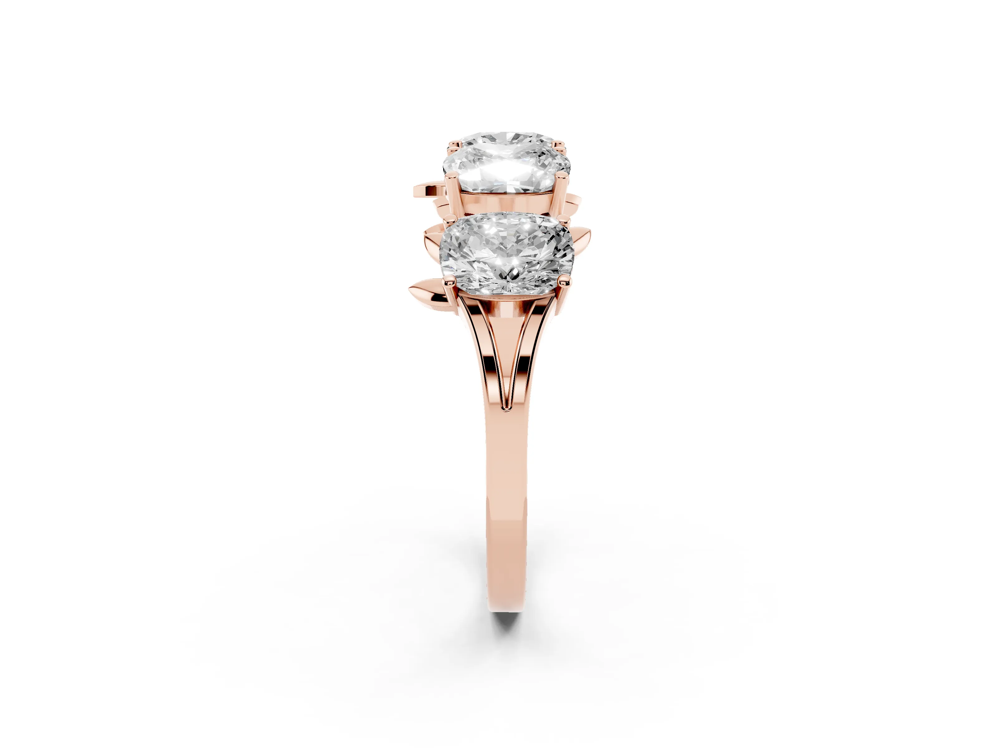 Elongated Cushion Diamond Four-Stone Band Set in Rose gold with Leaf Prong Setting