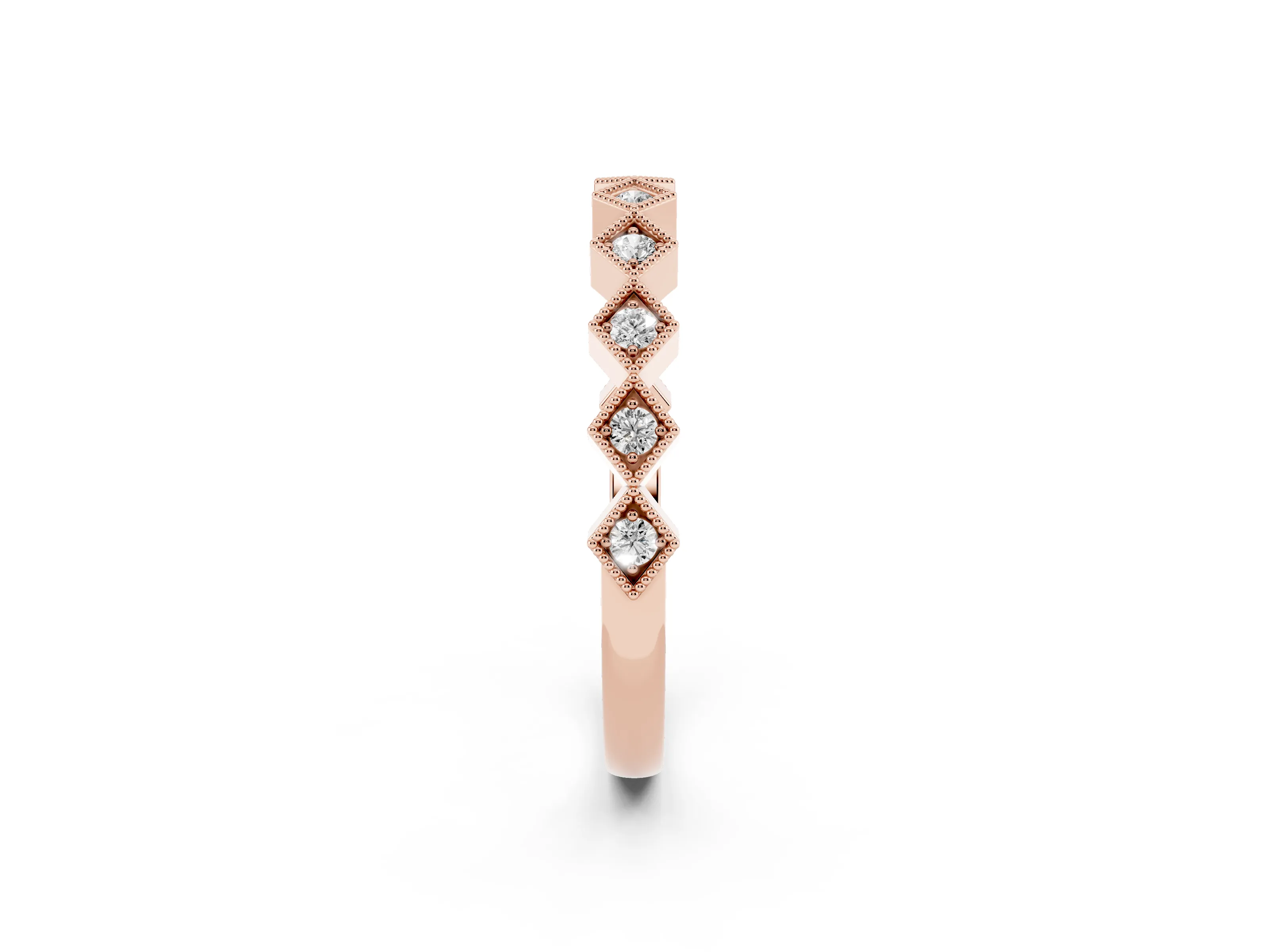 Round Cut Diamond Geometric Stackable Band Set in Rose gold with Milgrain Bezel Setting