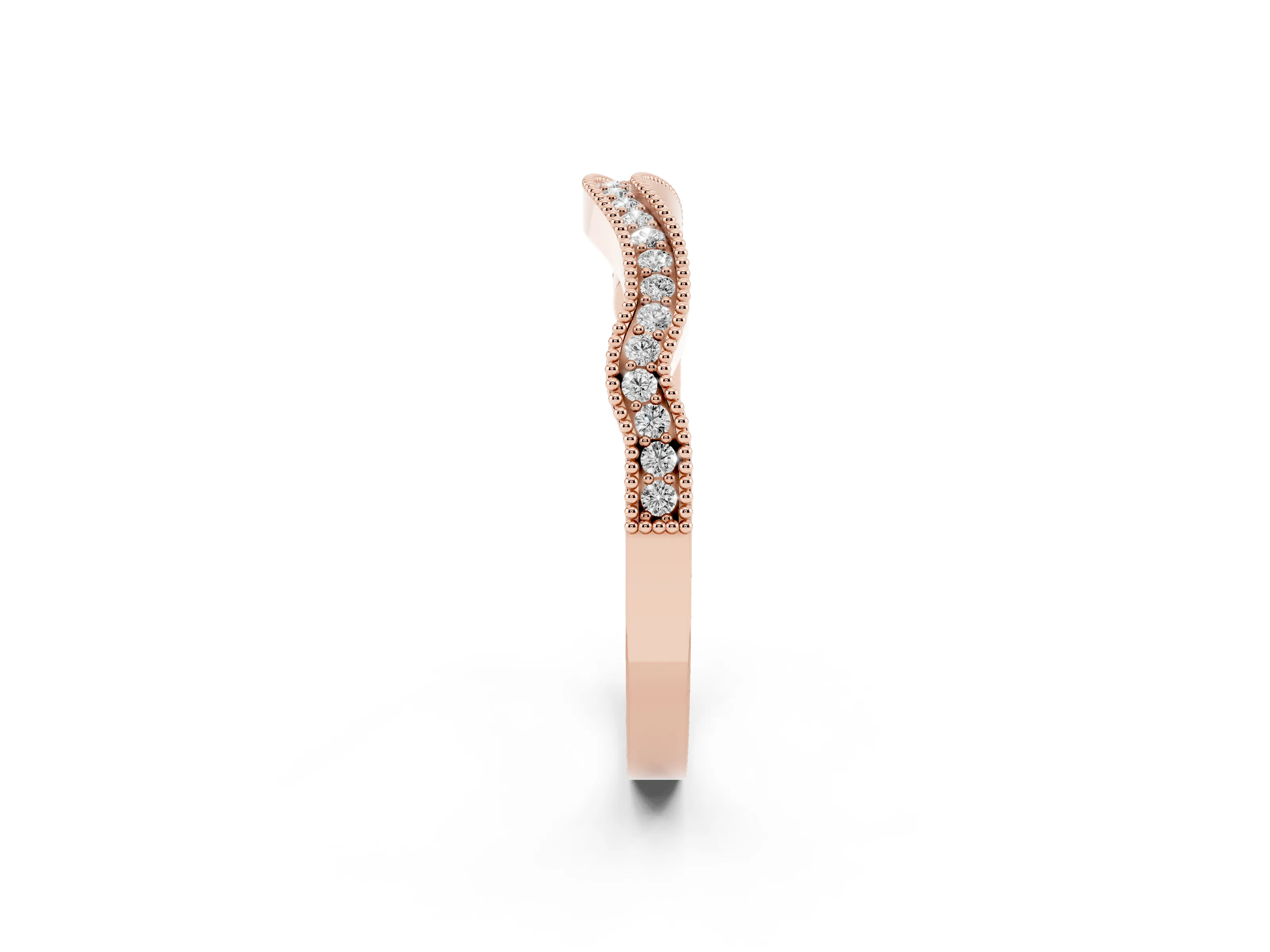 Round Diamond Curved Pavé Band Set in Rose gold with Milgrain Detailing