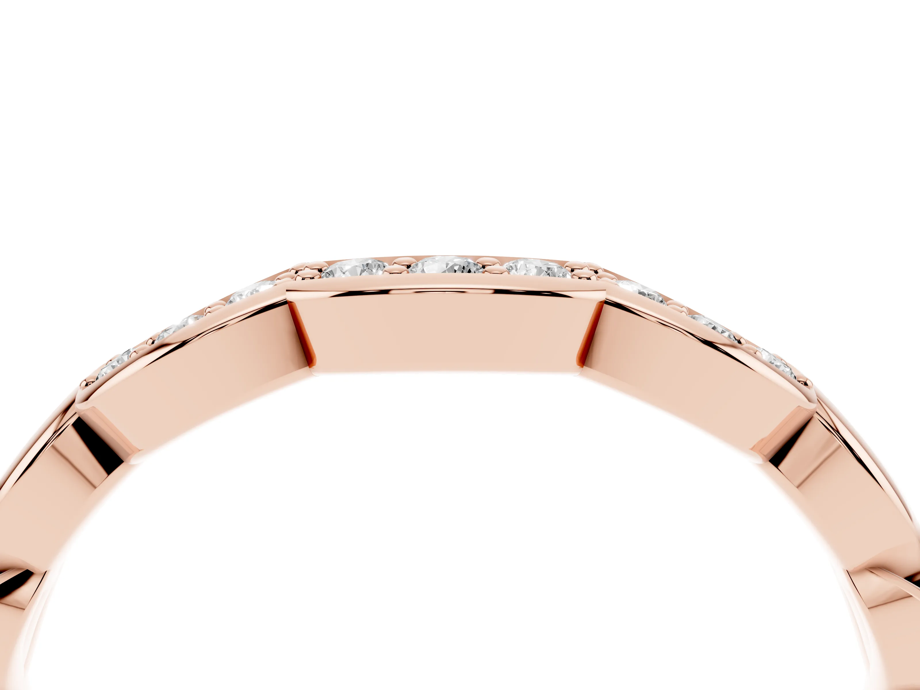 Round Diamond Scalloped Curved Band Set in Rose gold with Shared Prong Setting