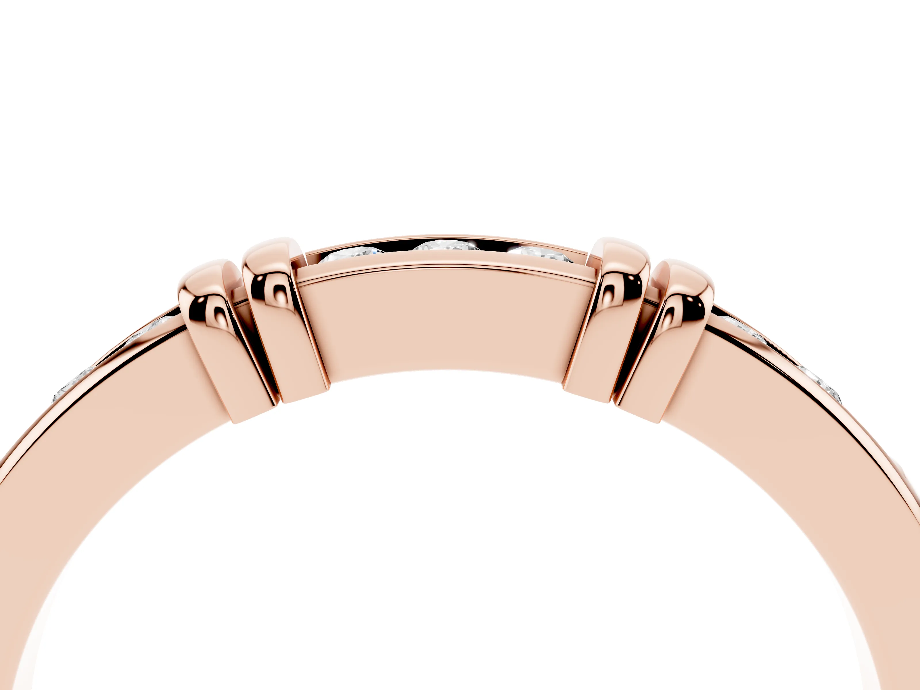 Round Diamond Half Eternity Band Set in Rose gold with Channel and Bar Prong Setting