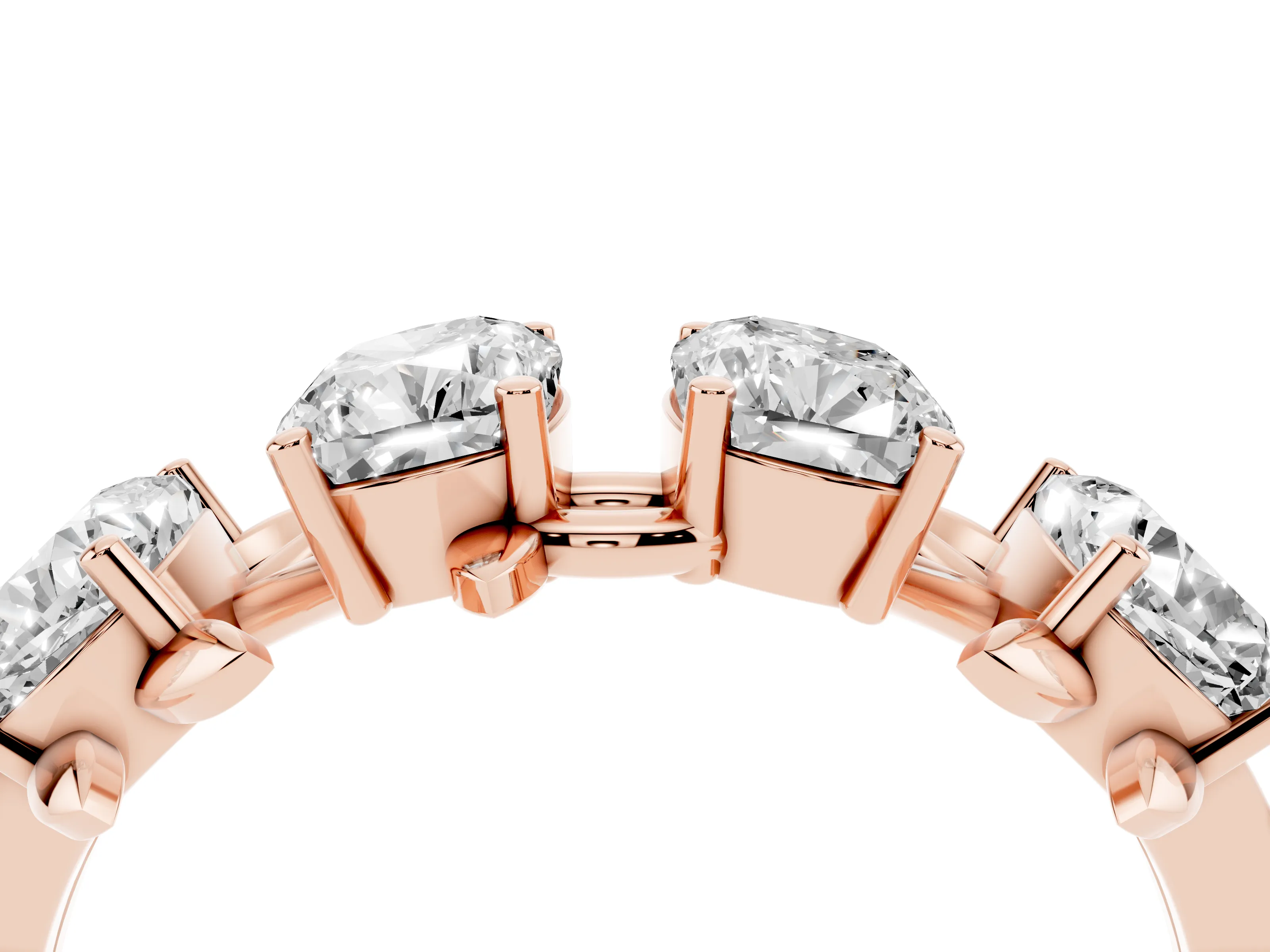 Elongated Cushion Diamond Four-Stone Band Set in Rose gold with Leaf Prong Setting