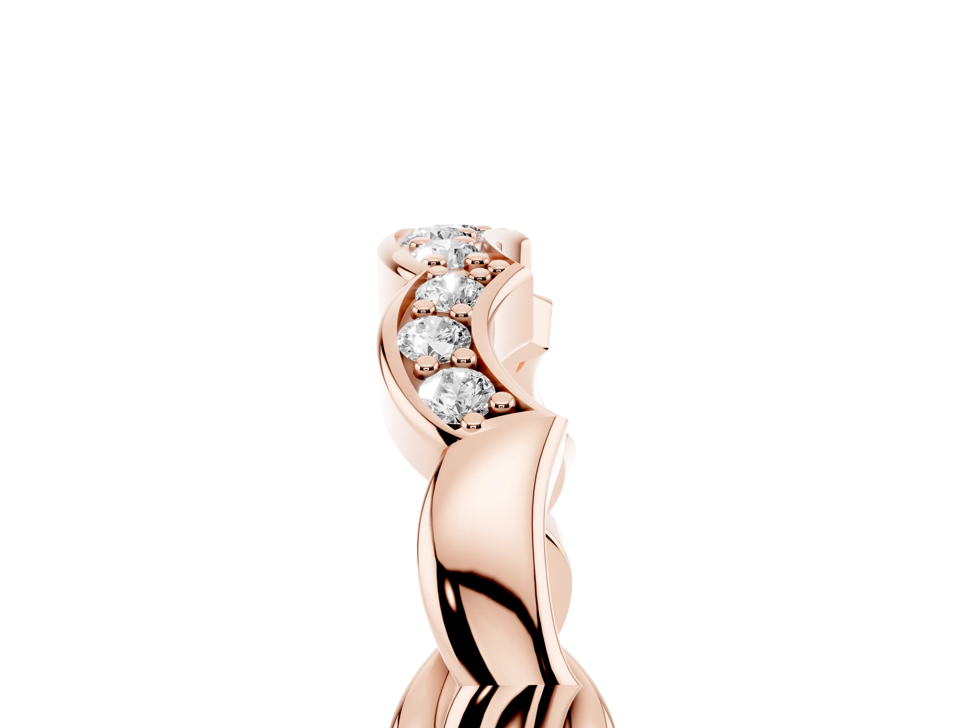 Round Diamond Scalloped Curved Band Set in Rose gold with Shared Prong Setting
