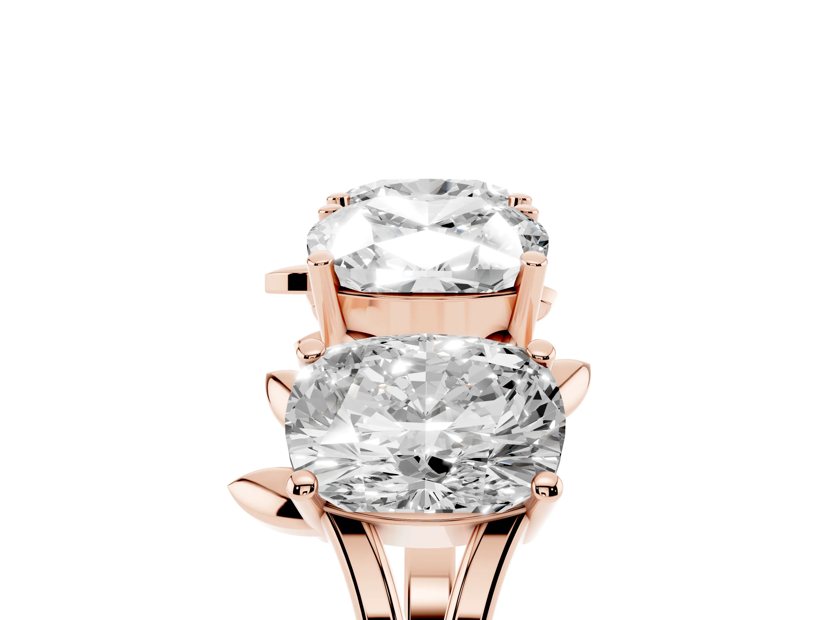 Elongated Cushion Diamond Four-Stone Band Set in Rose gold with Leaf Prong Setting