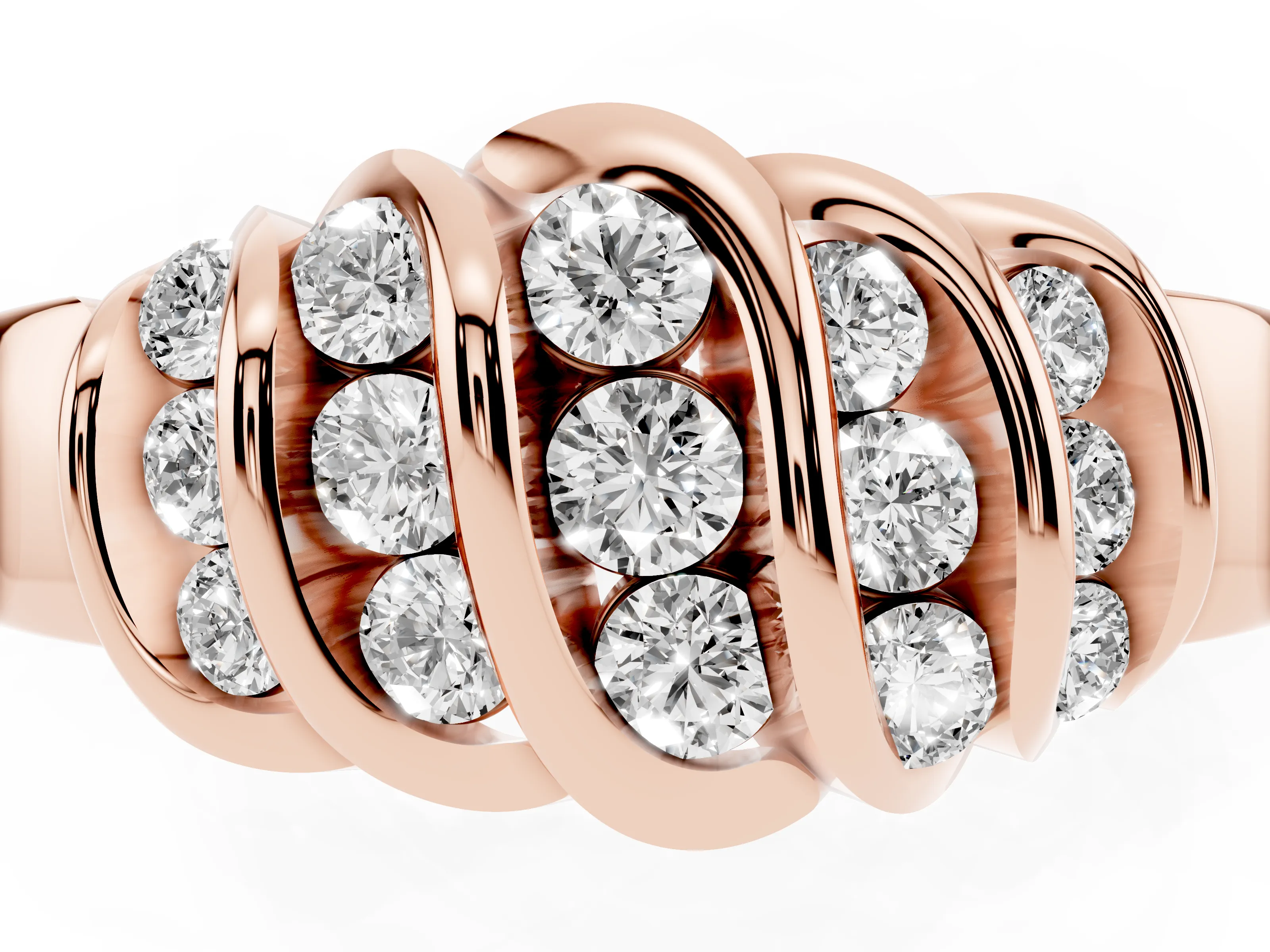 Round Diamond Multi-Row Crossover Band Set in Rose gold with Polished Curves