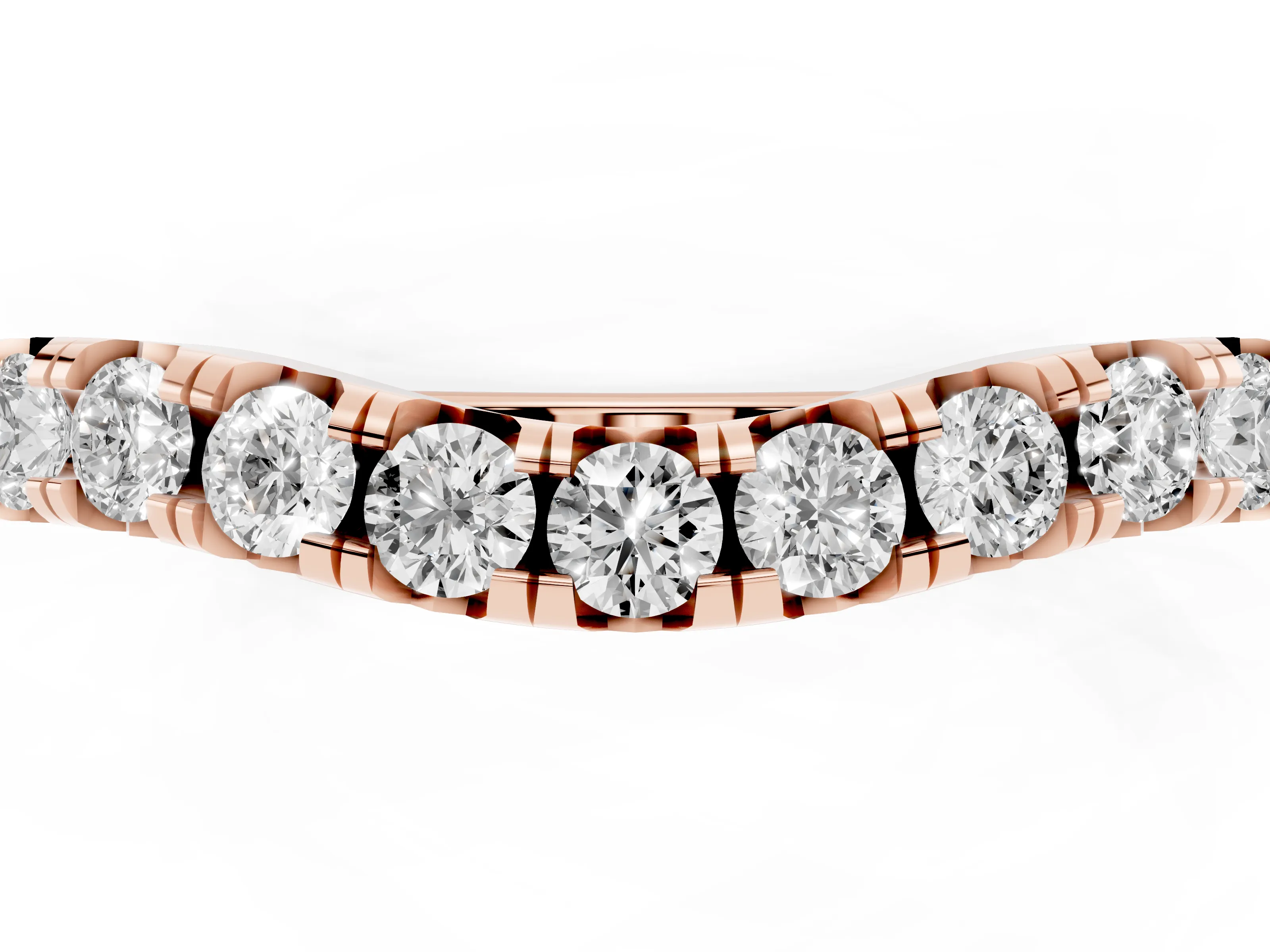 Round Diamond Curved Pavé Wedding Band Set in Rose gold with Shared Prongs