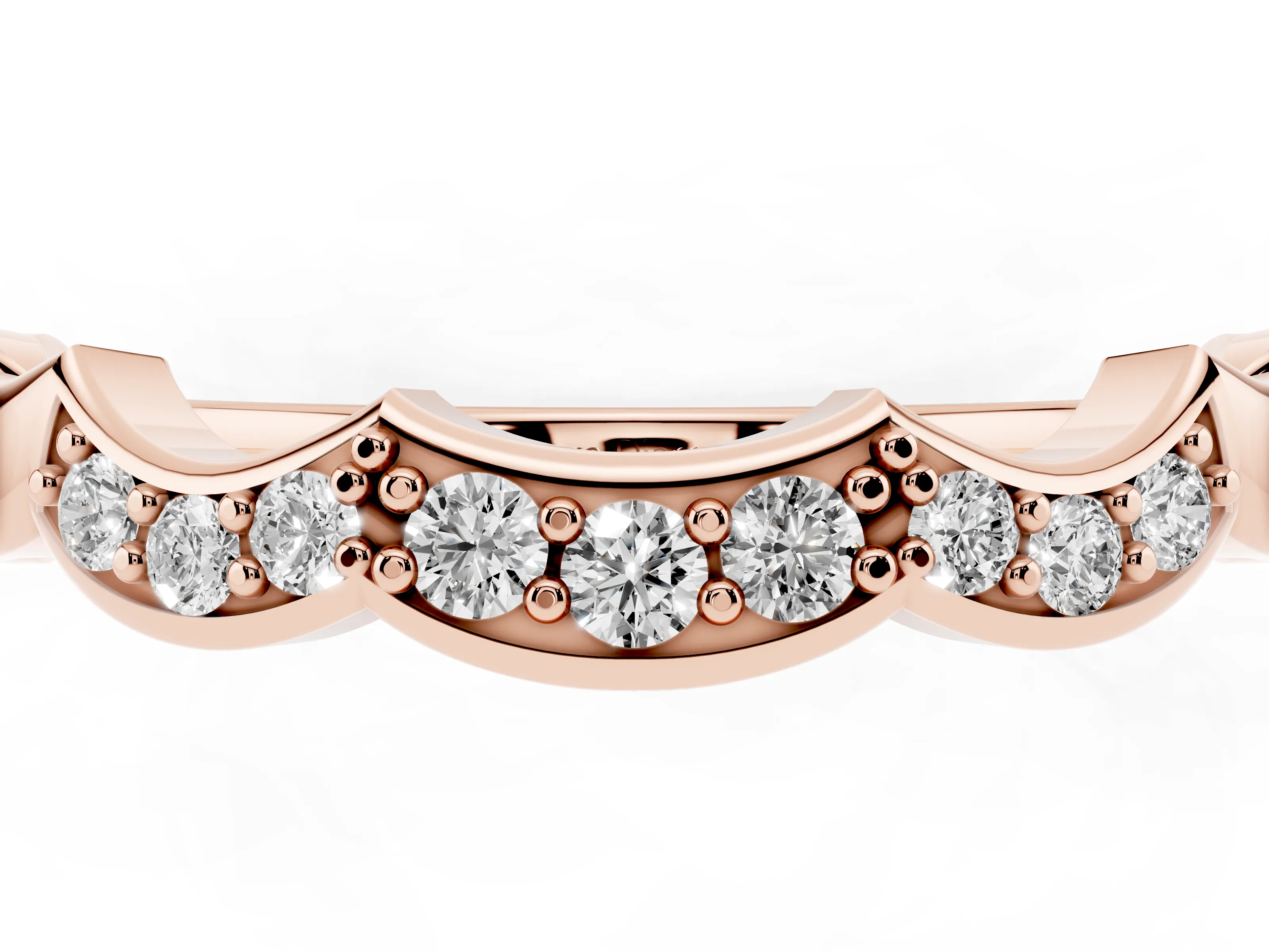 Round Diamond Scalloped Curved Band Set in Rose gold with Shared Prong Setting