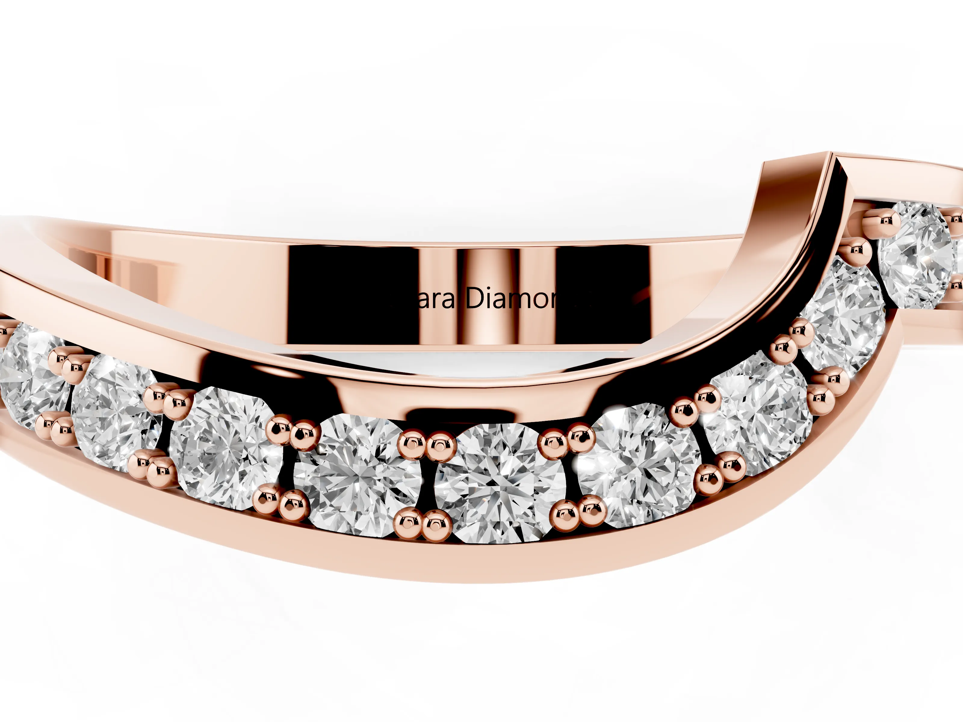 Round Diamond Curved Wedding Band Set in Rose gold with Pavé Channel Setting