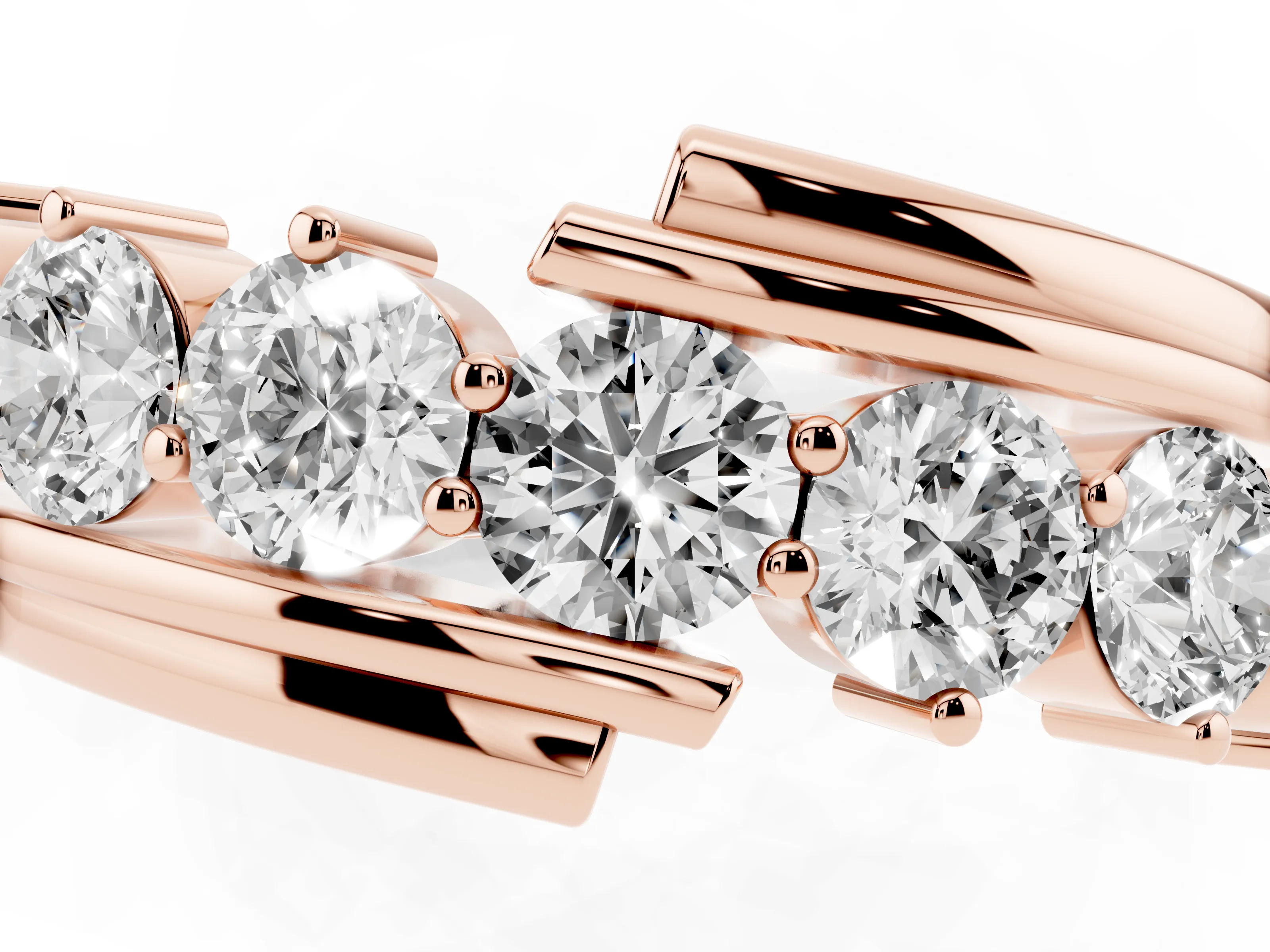 Round Diamond Wave Band Set in Rose gold with Channel and Shared Prong Setting