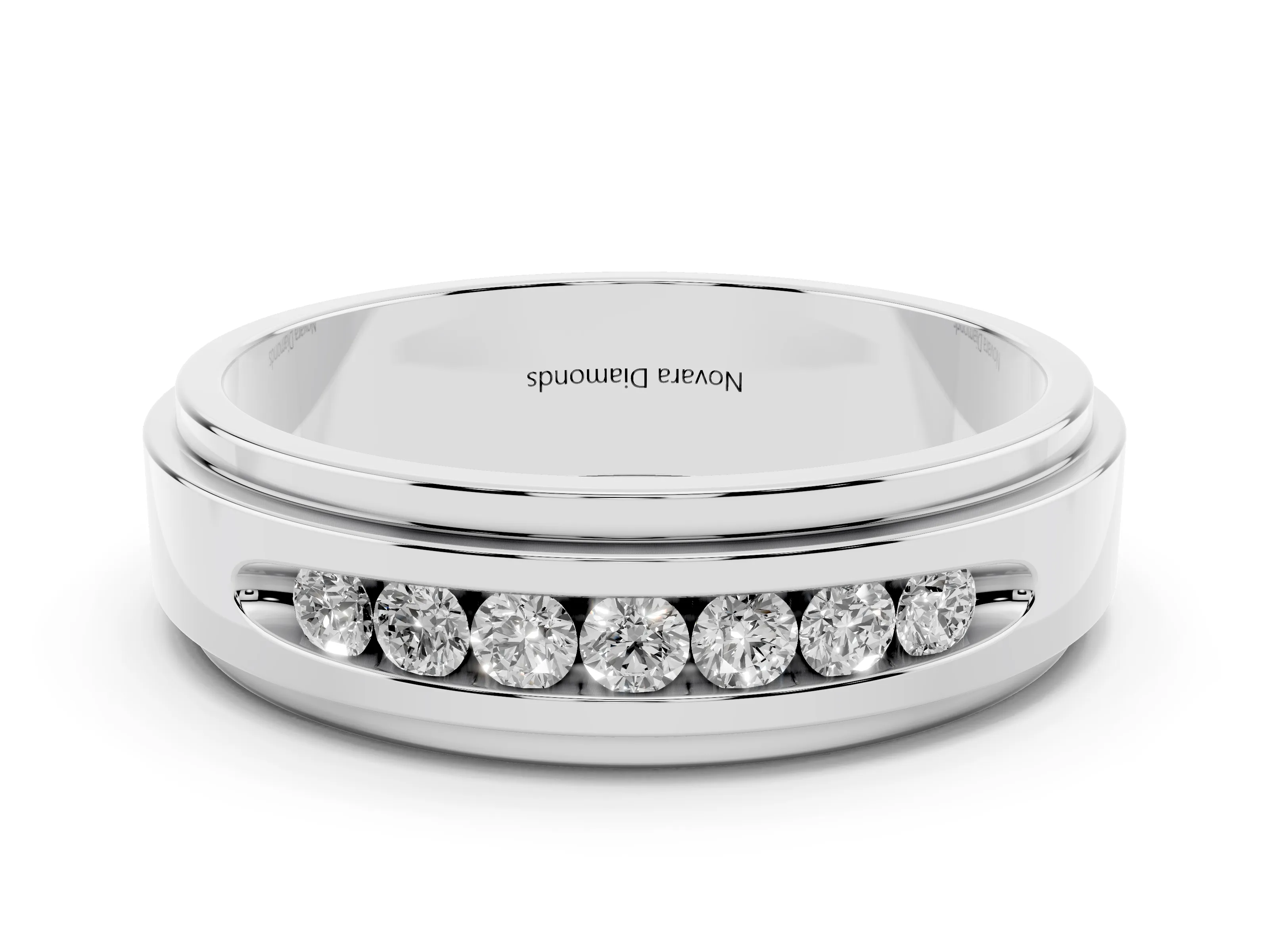 Round Diamond Seven-Stone Channel Mens Band Set in White gold with Recessed Setting