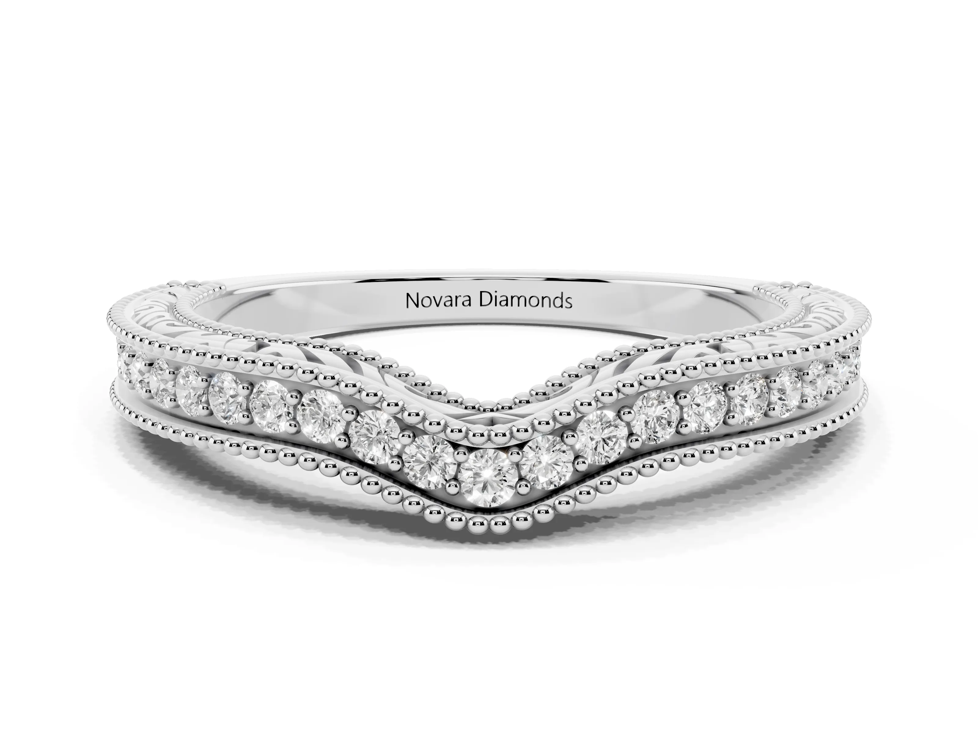 Round Diamond Curved Milgrain Band Set in Platinum with Pavé Row