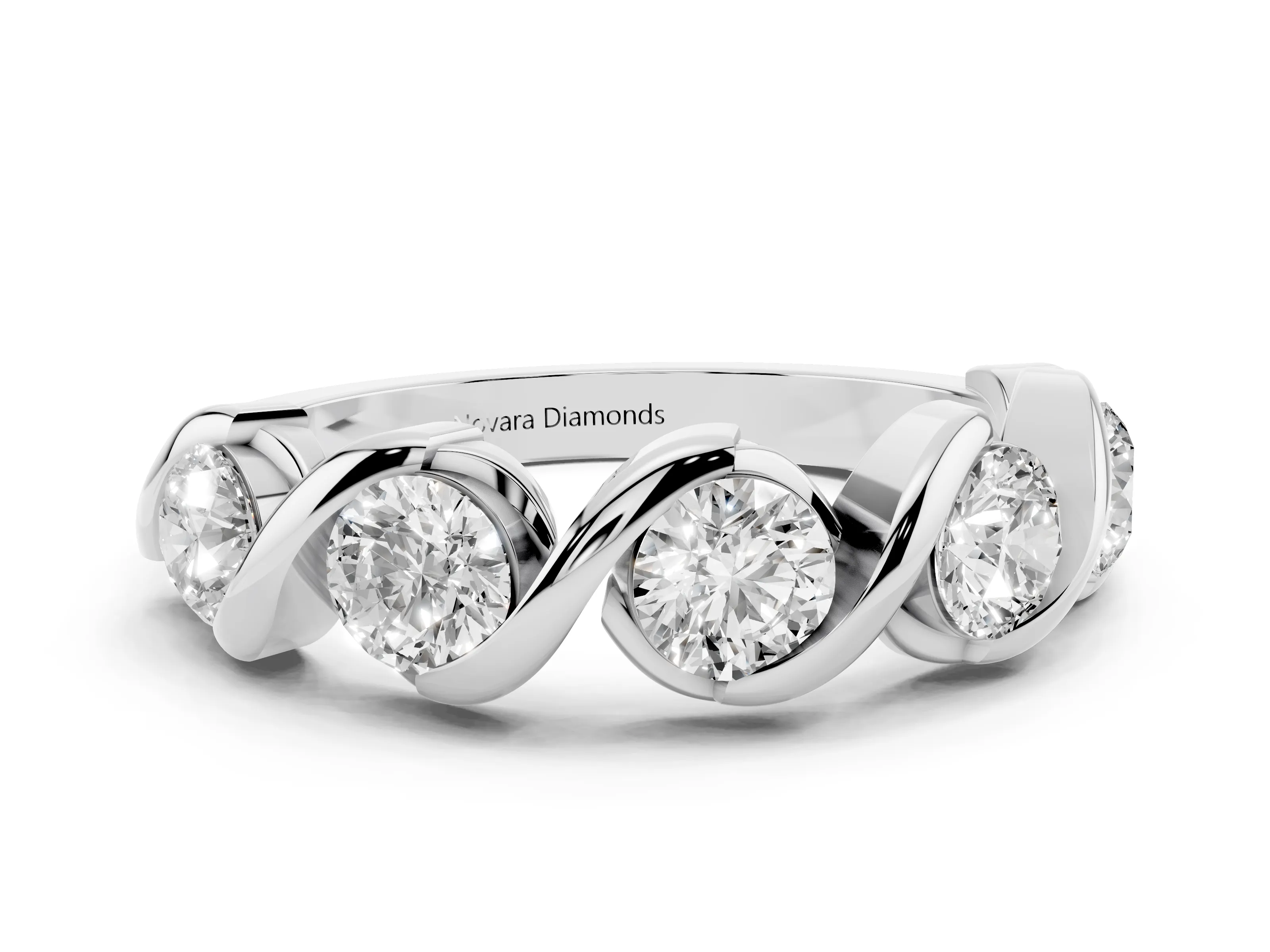 Round Diamond Flowing Wave Band Set in White gold with Channel Walls and Shared Prongs