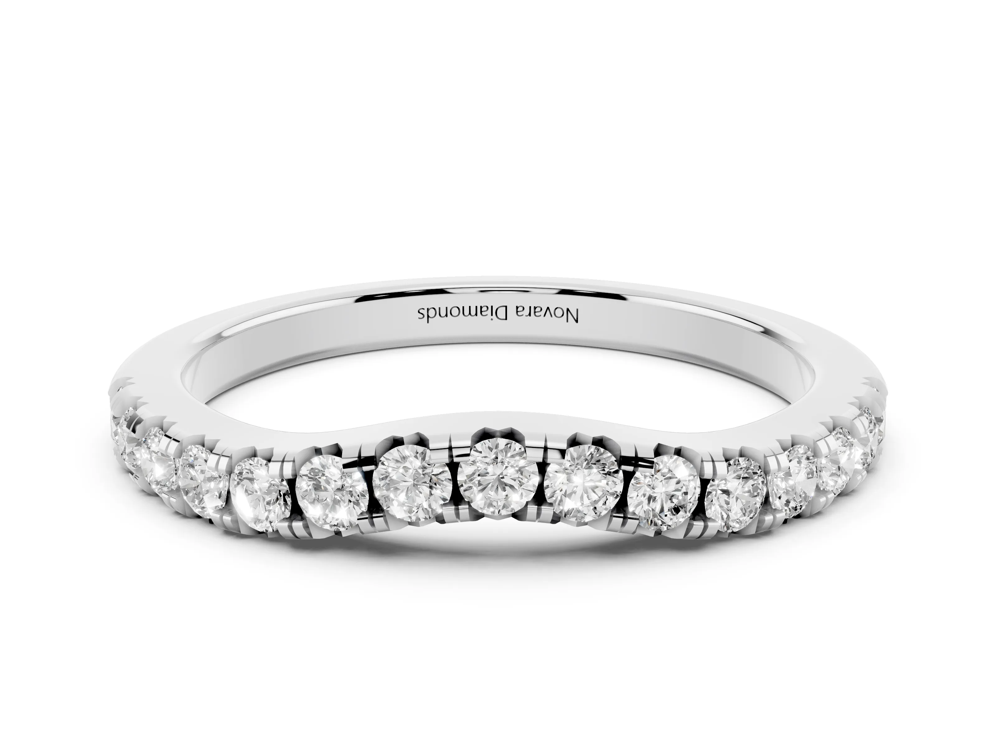 Round Diamond Curved Pavé Wedding Band Set in Platinum with Shared Prongs