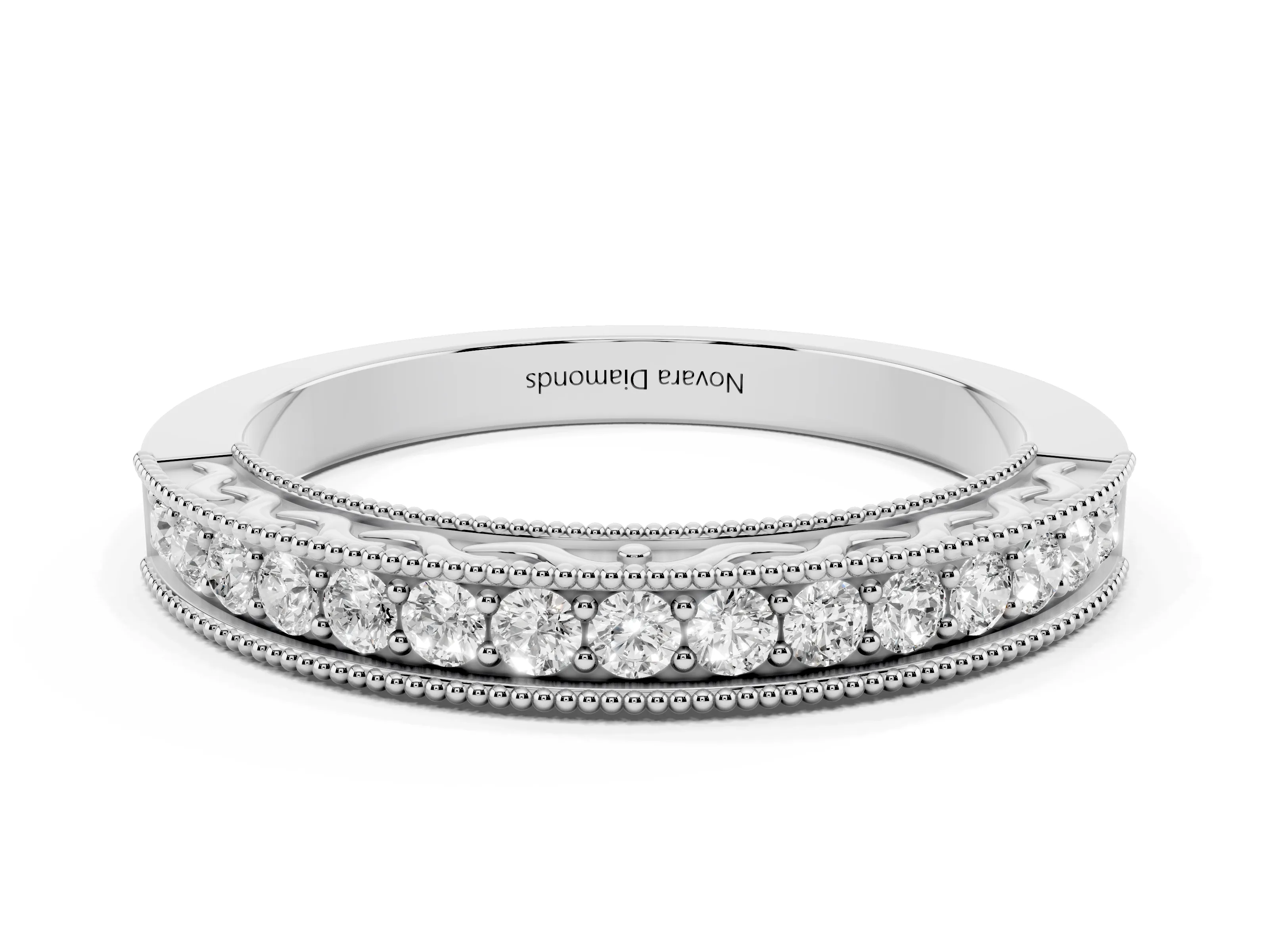 Round Diamond Channel Eternity Band Set in Platinum with Milgrain Border and Smooth Channel Top