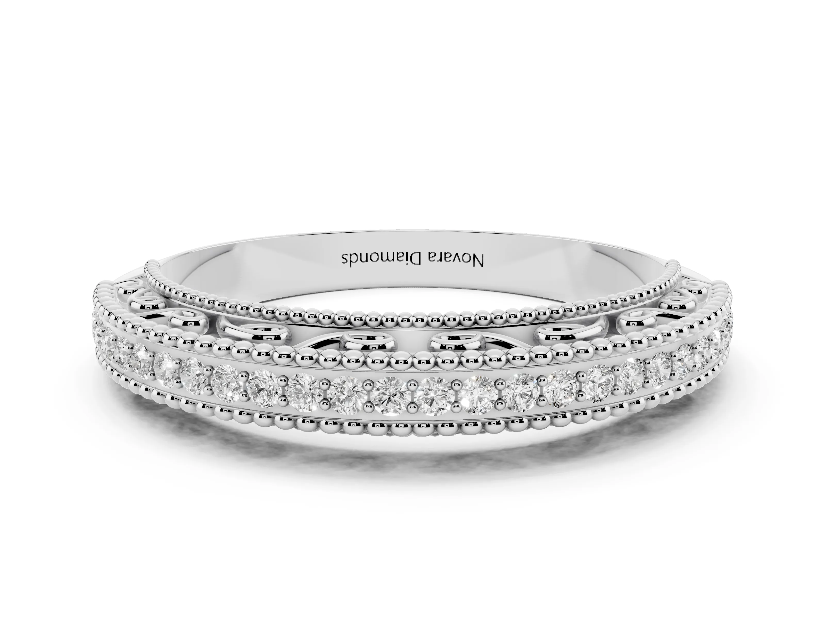 Round Diamond Pavé Eternity Band Set in Platinum with Milgrain Edges