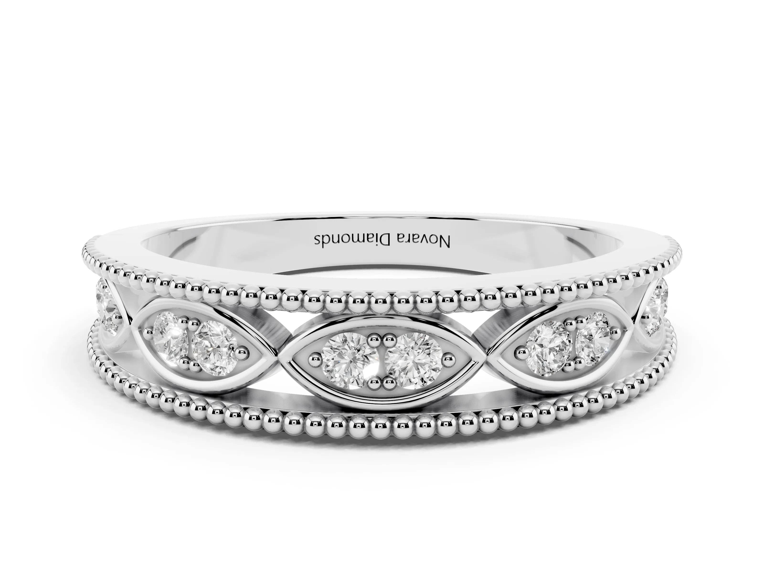 Round Diamond Marquise Shape Band Set in Platinum with Milgrain Detail and Prong Setting