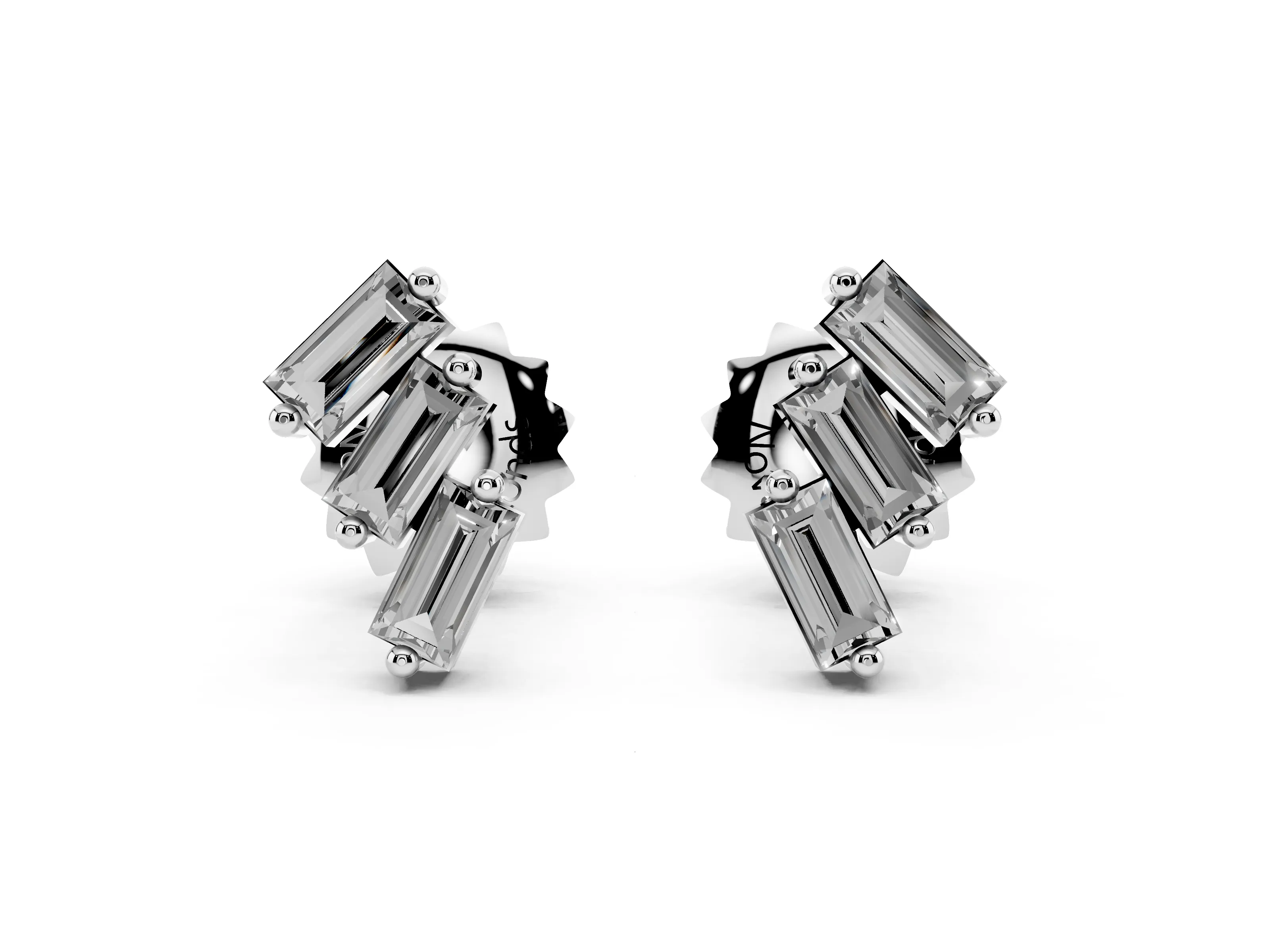 Baguette Lab-Grown Diamond Staggered Three Stone Stud Earrings | Diagonal Cascade | Sterling Silver
