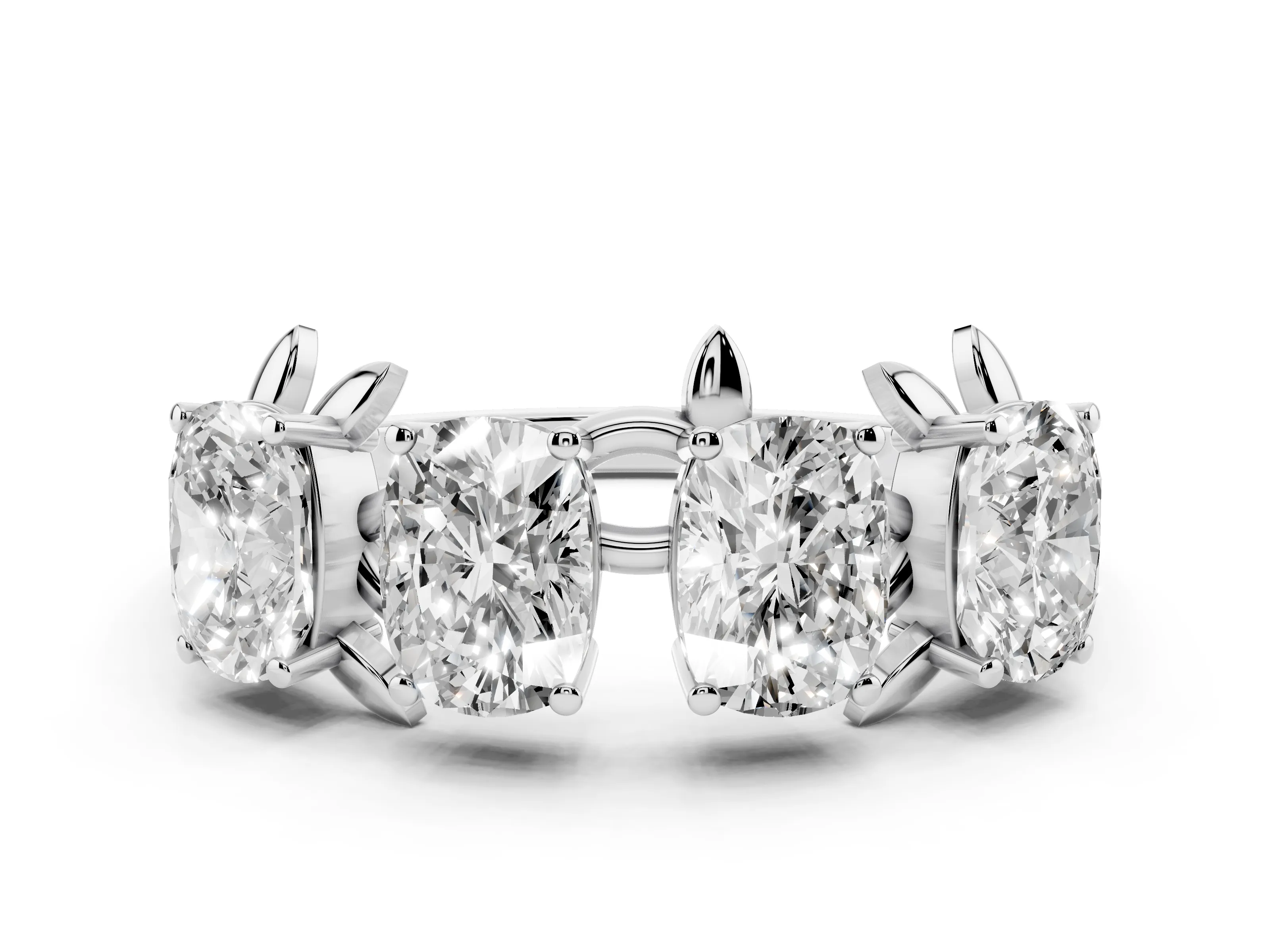 Elongated Cushion Diamond Four-Stone Band Set in White gold with Leaf Prong Setting