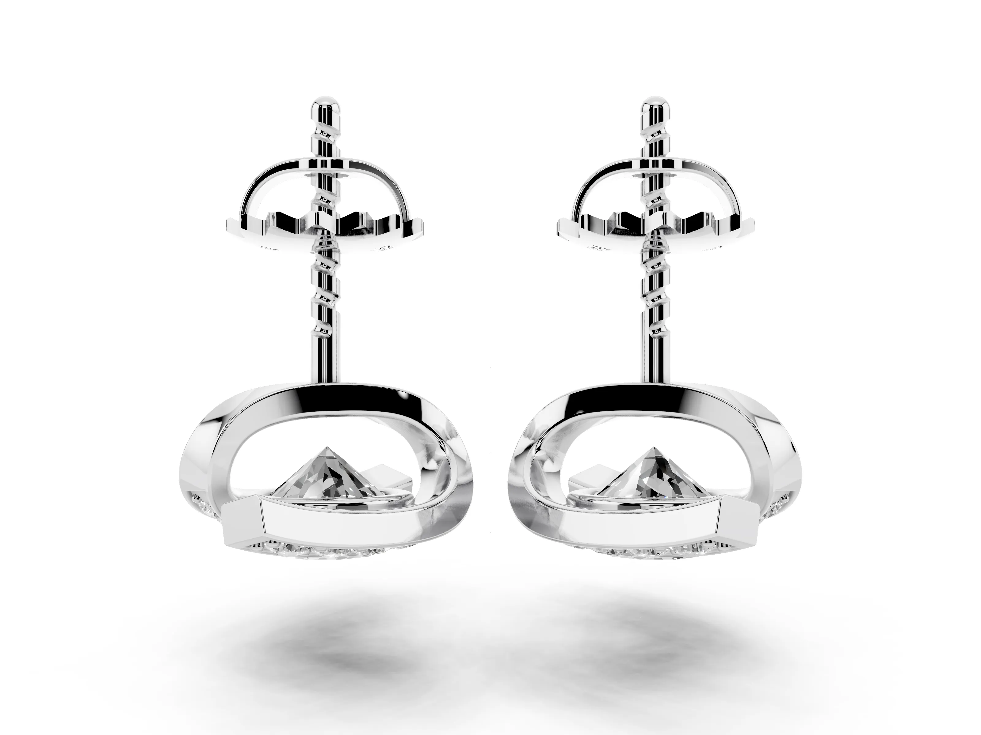 Round Diamond Curve Wave Stud Earrings Set in Platinum with Pavé Accents