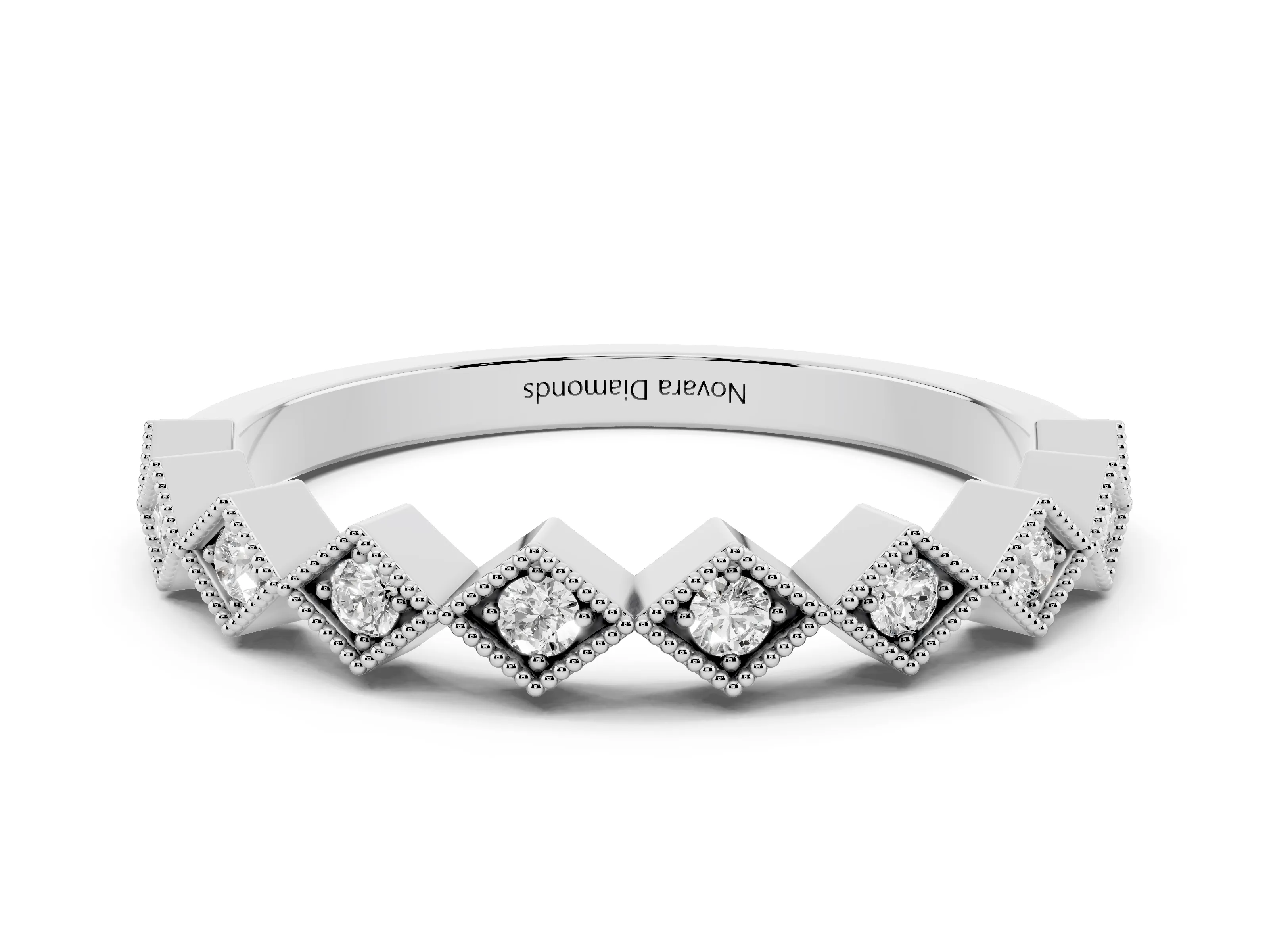 Round Cut Diamond Geometric Stackable Band Set in Platinum with Milgrain Bezel Setting