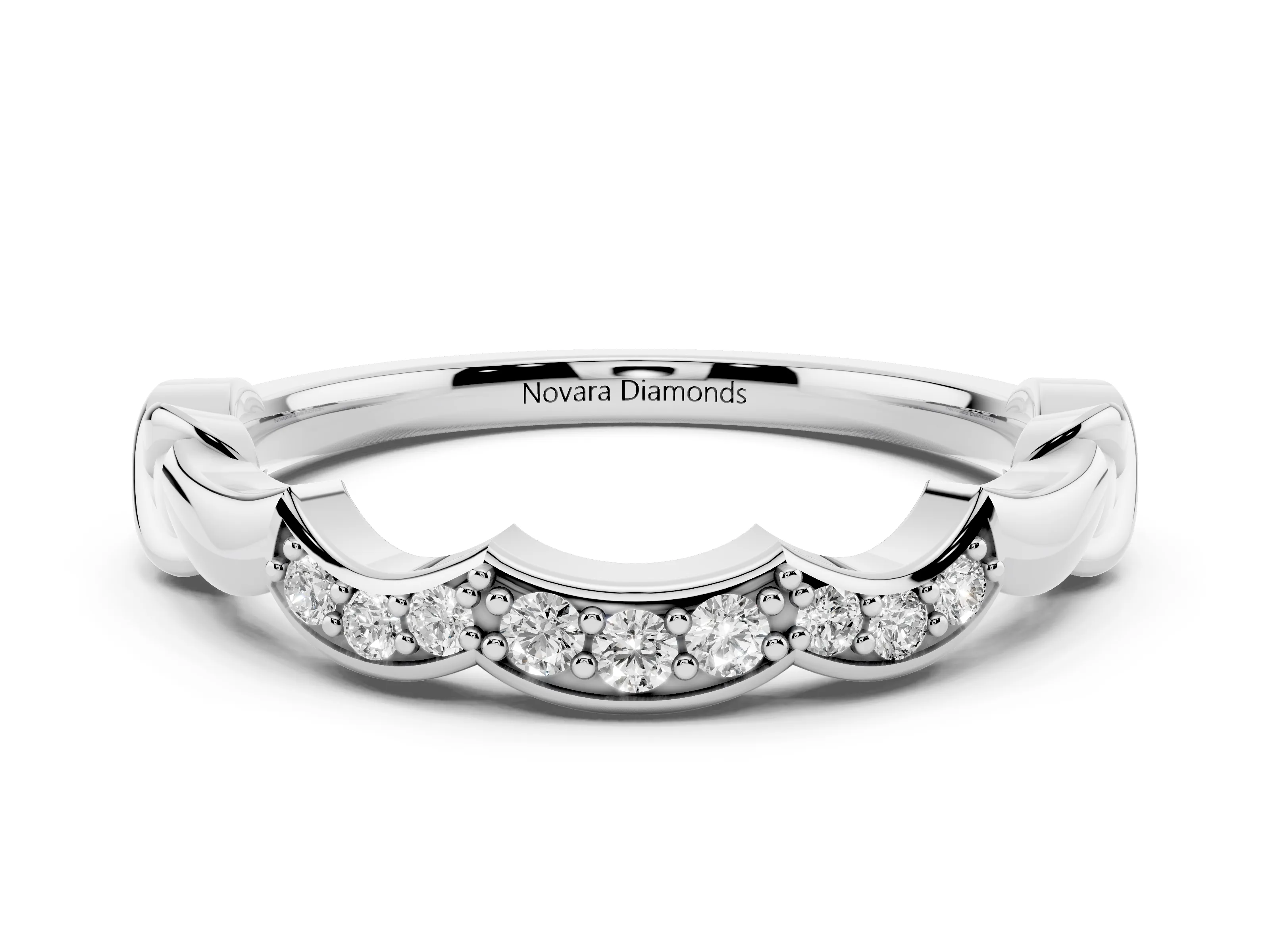 Round Diamond Scalloped Curved Band Set in Platinum with Shared Prong Setting