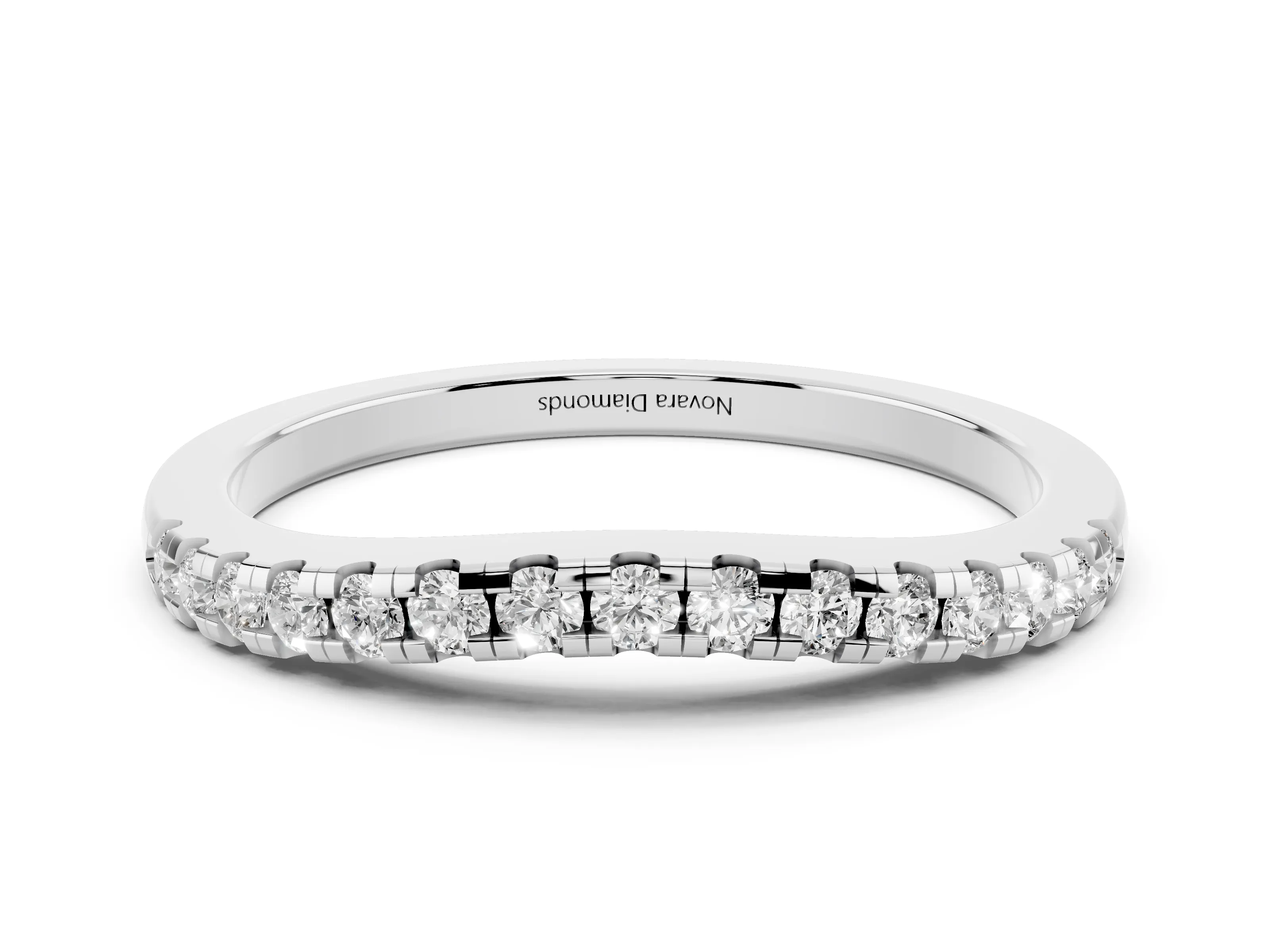 Round Diamond Curved Band Set in Platinum with Pavé Shared Prong Row