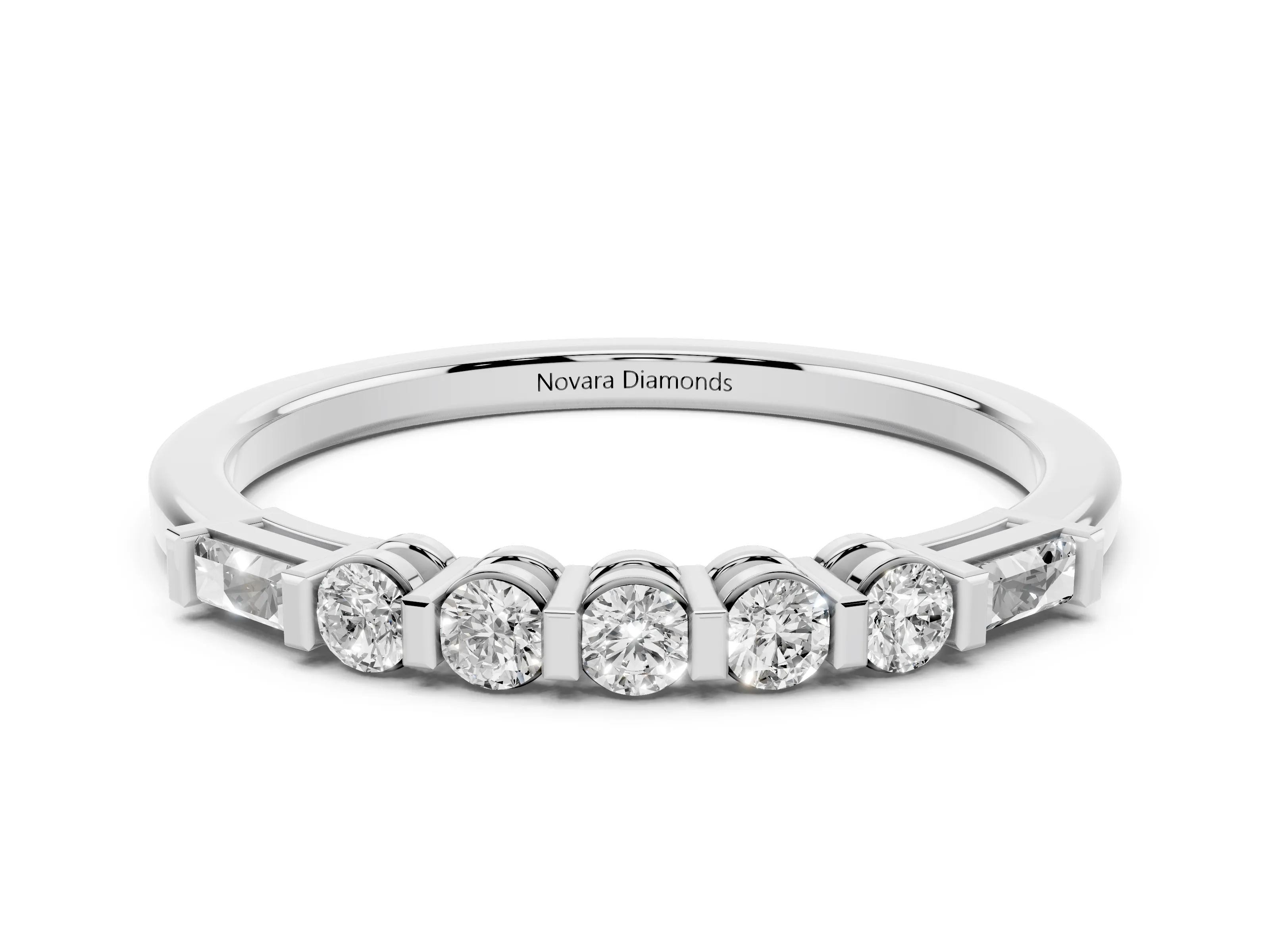 Round and Baguette Diamond Half Eternity Band Set in Platinum with Prong Setting