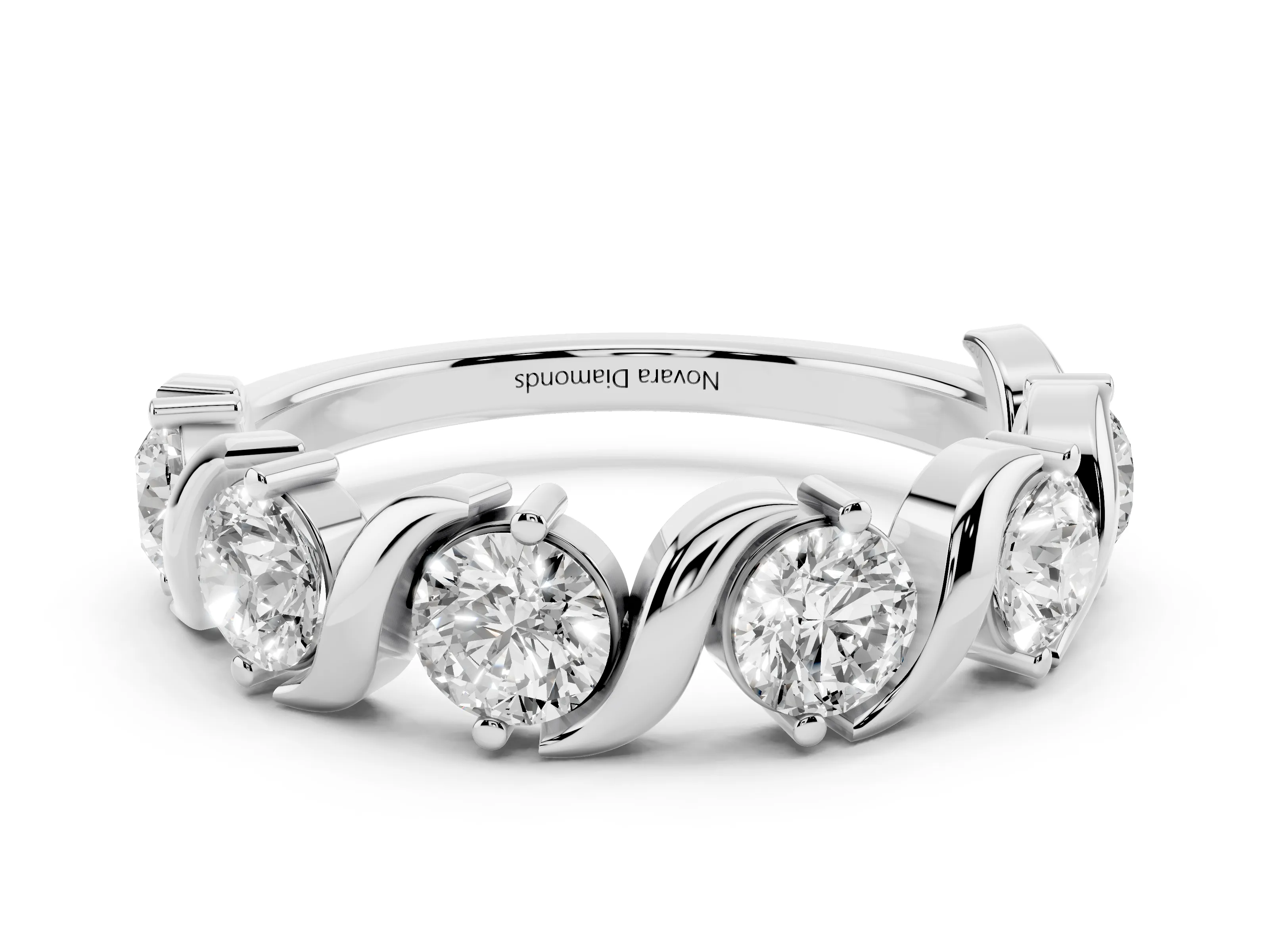 Round Diamond Six-Stone Wave Band Set in White gold with Shared Prong Setting