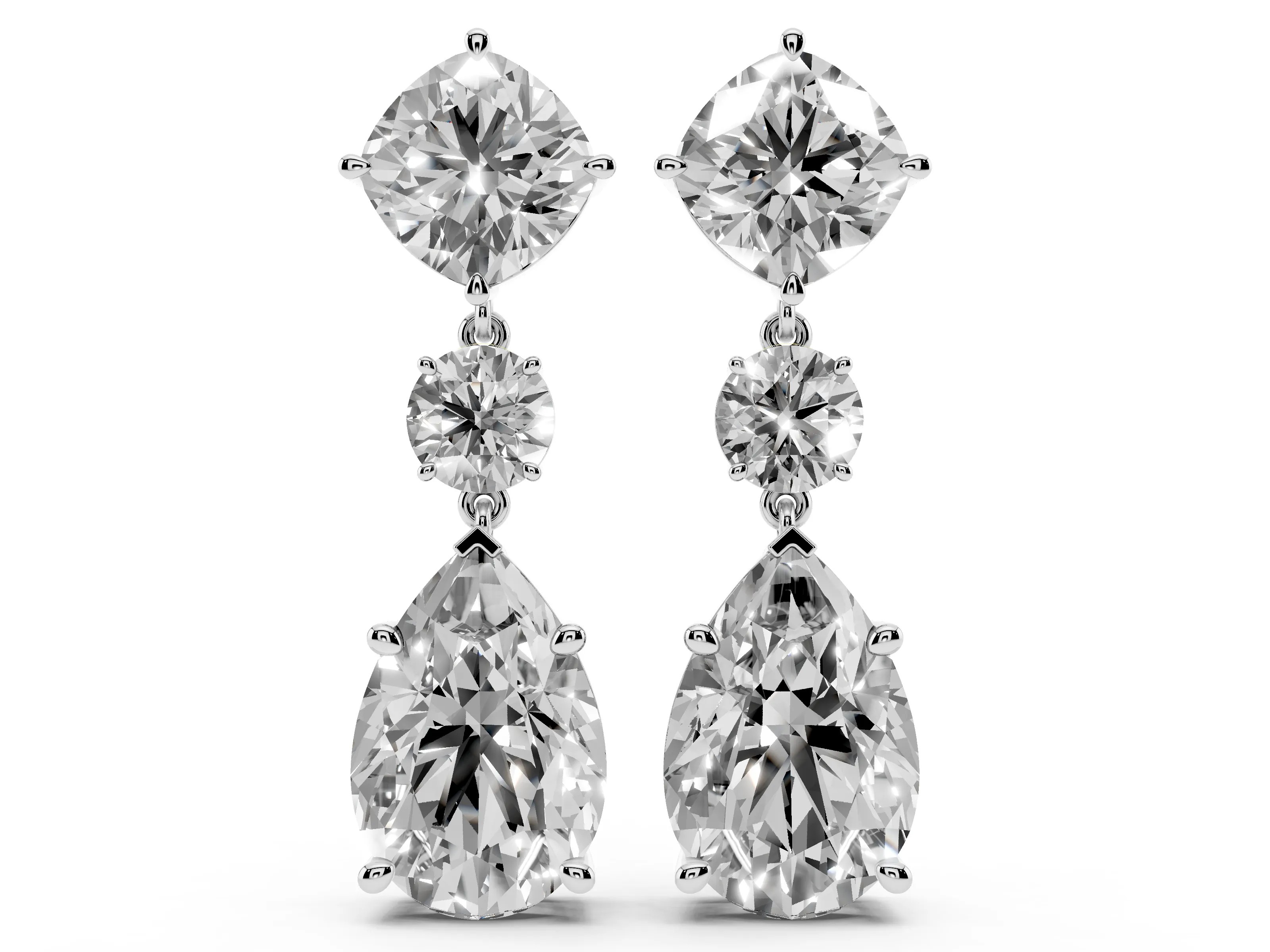 Cushion Round and Pear Lab-Grown Diamond Three Stone Drop Earrings | Linked Drop | White Gold