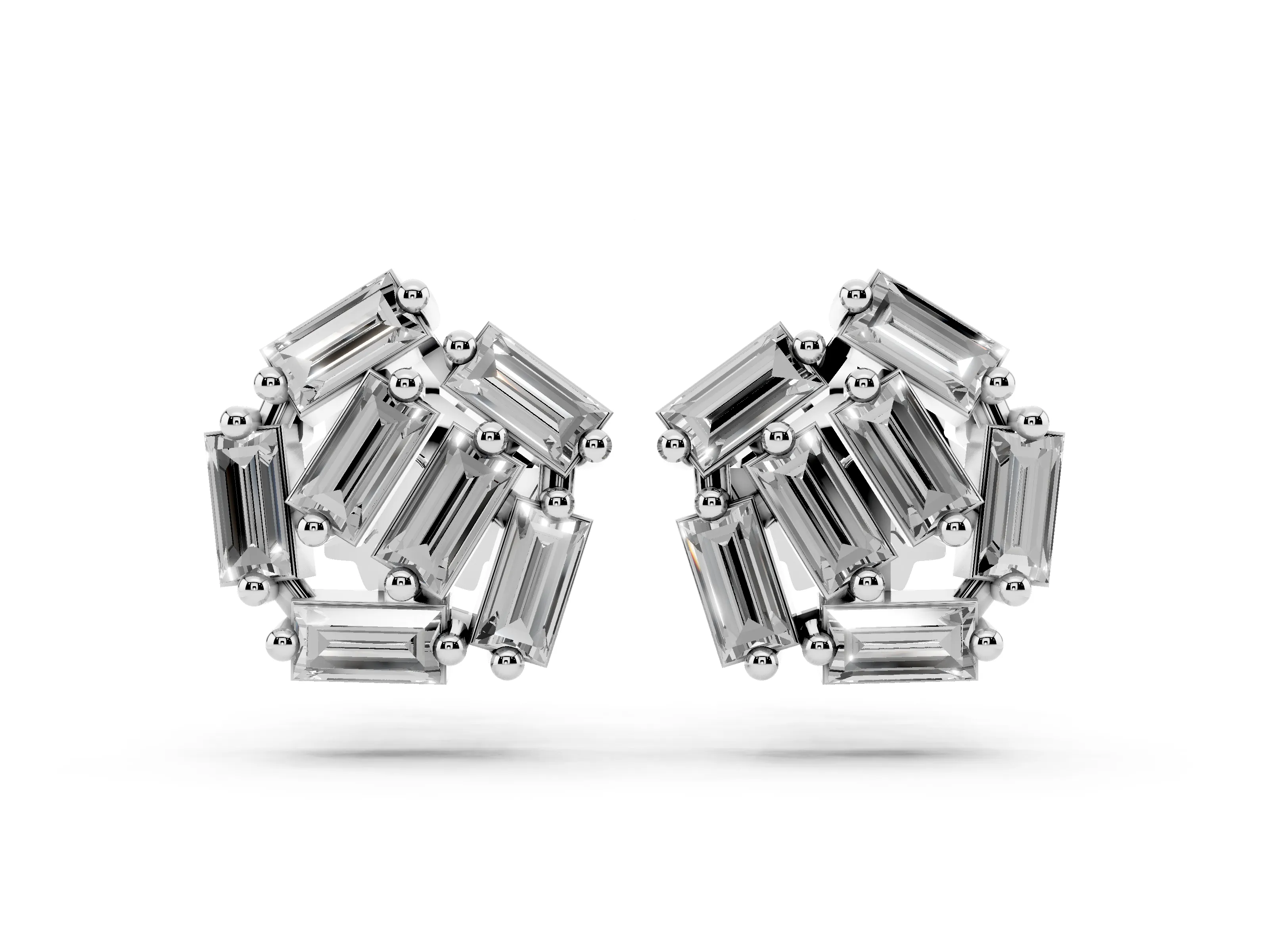 Baguette Lab-Grown Diamond Geometric Cluster Stud Earrings | Angled Stones | White Gold