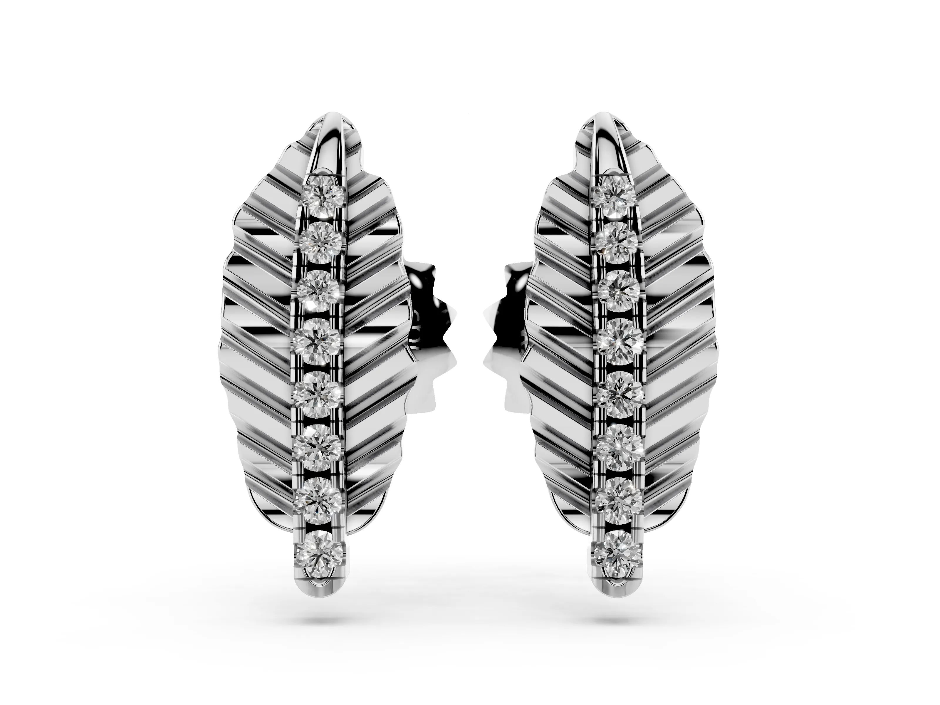 Round Lab-Grown Diamond Sculpted Leaf Stud Earrings | Stone-Set Vein | White Gold