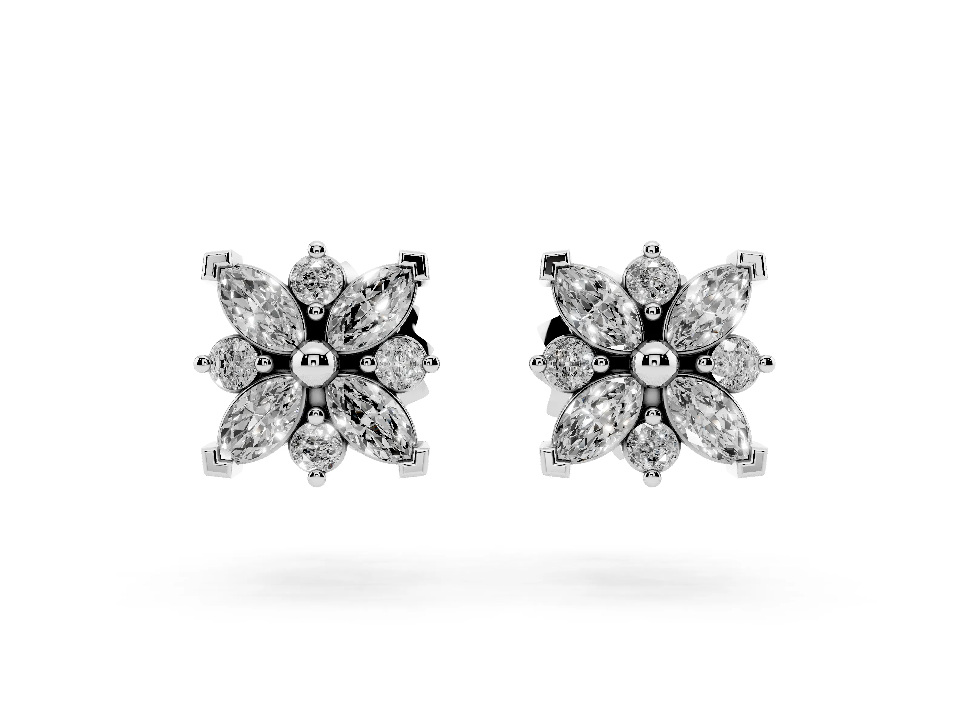 Marquise and Round Lab-Grown Diamond Petal Cluster Stud Earrings | Square Outline | Sterling Silver