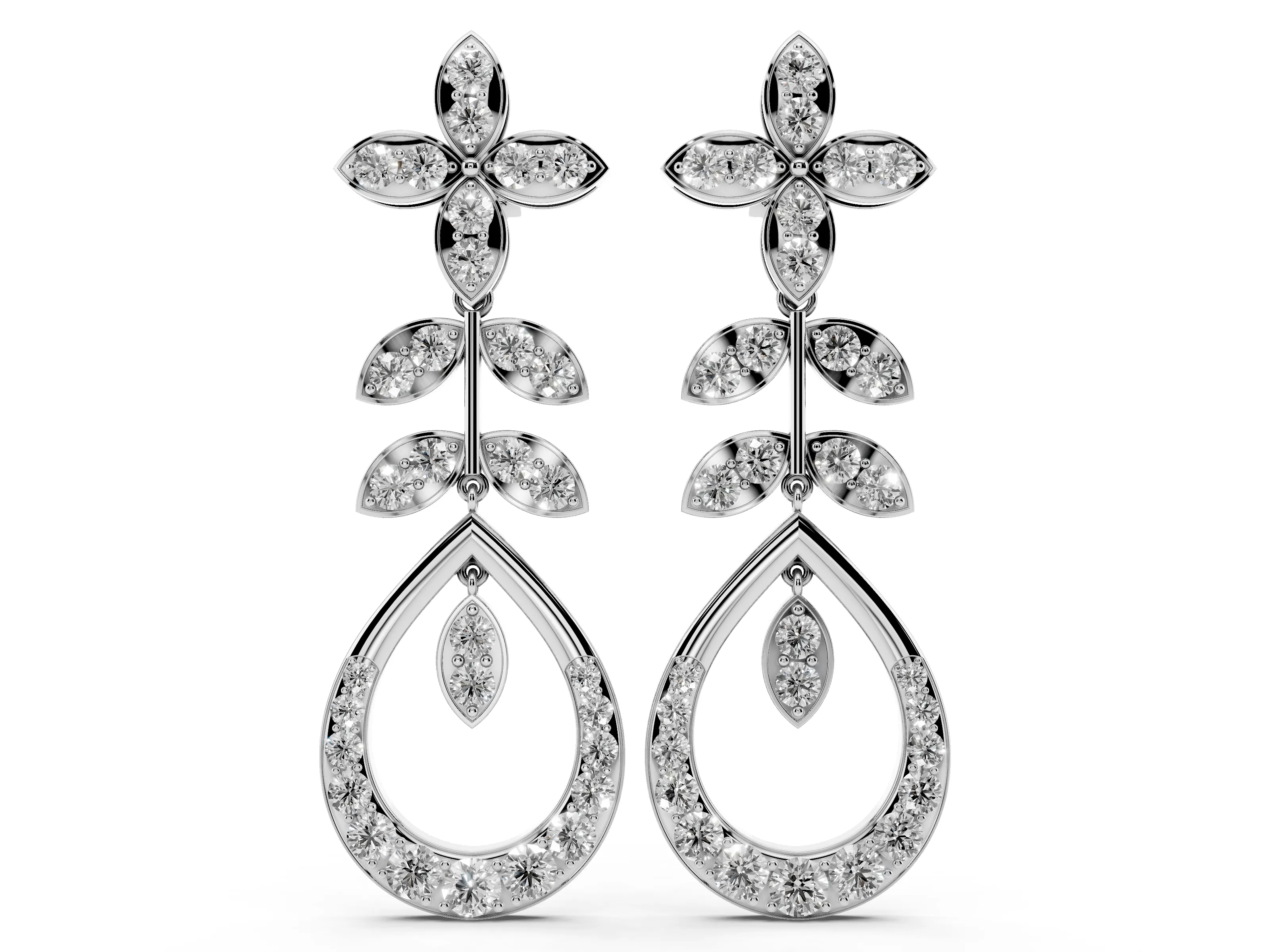 Round Lab-Grown Diamond Floral Dewdrop Drop Earrings | Open Teardrop | White Gold