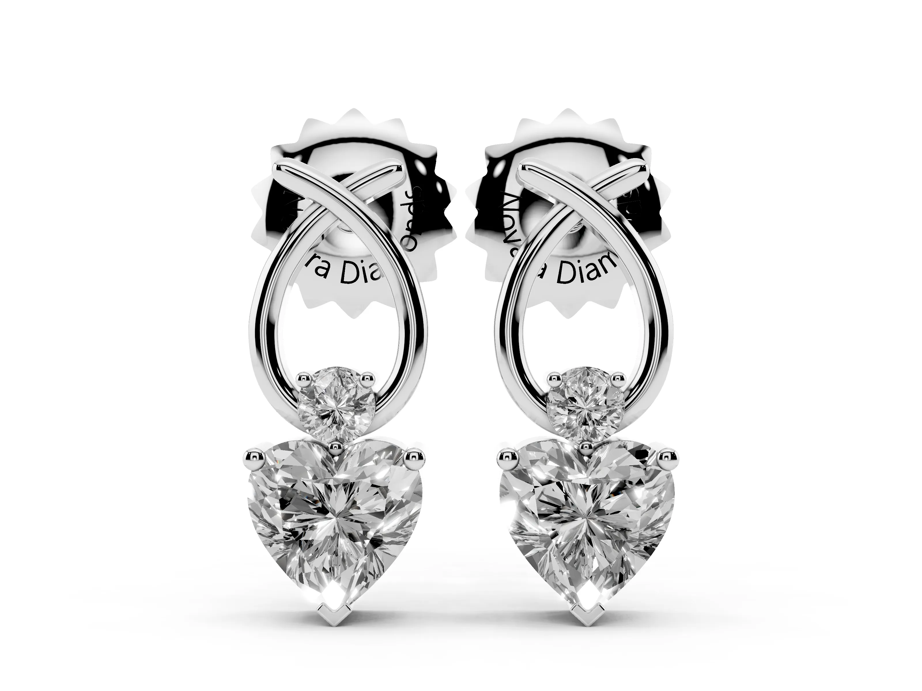Heart Lab-Grown Diamond Ribbon Drop Earrings | Round Accent | White Gold