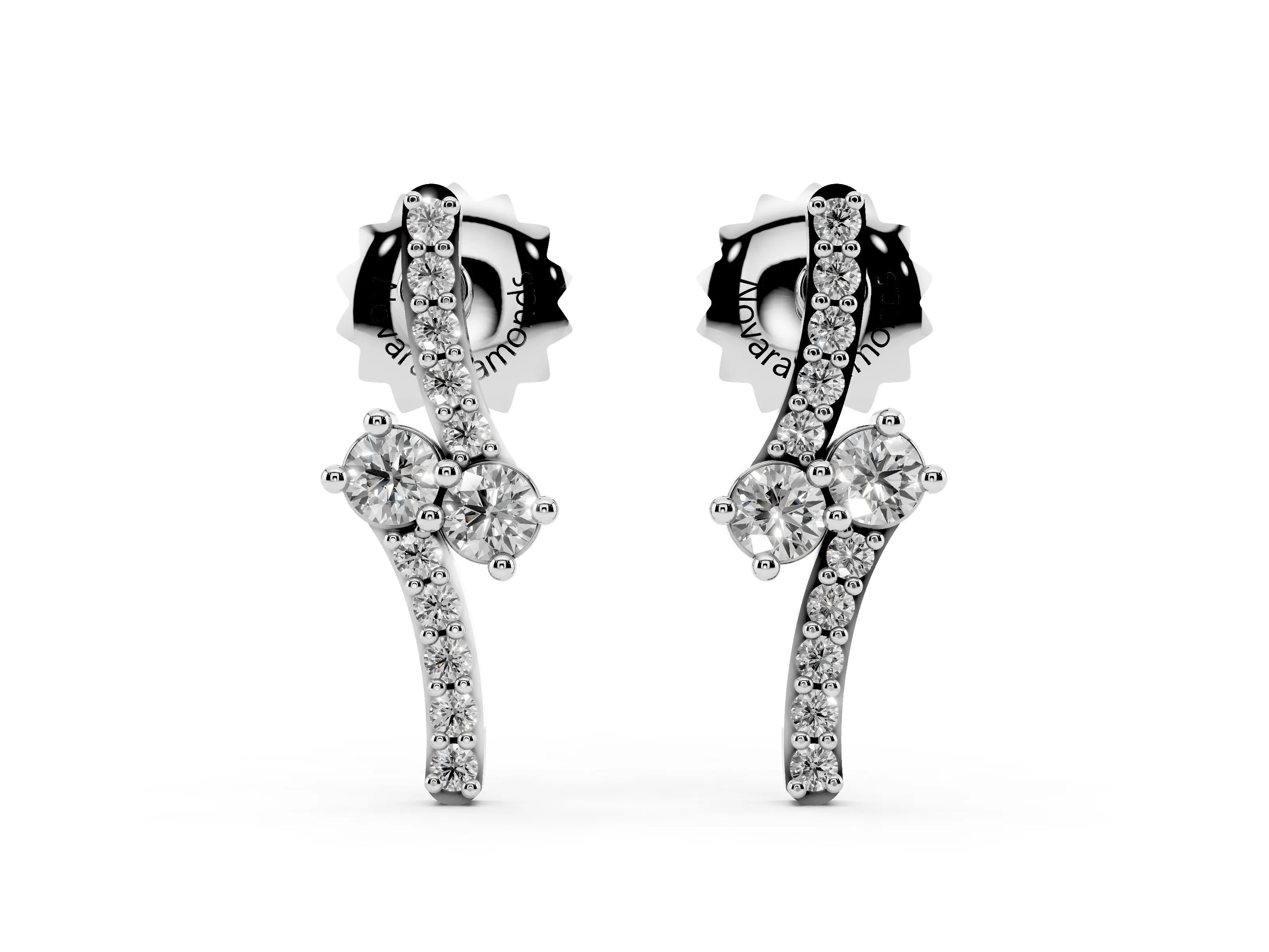 Round Lab-Grown Diamond Two Stone Bypass Stud Earrings | Curved Pavé Bar | White Gold
