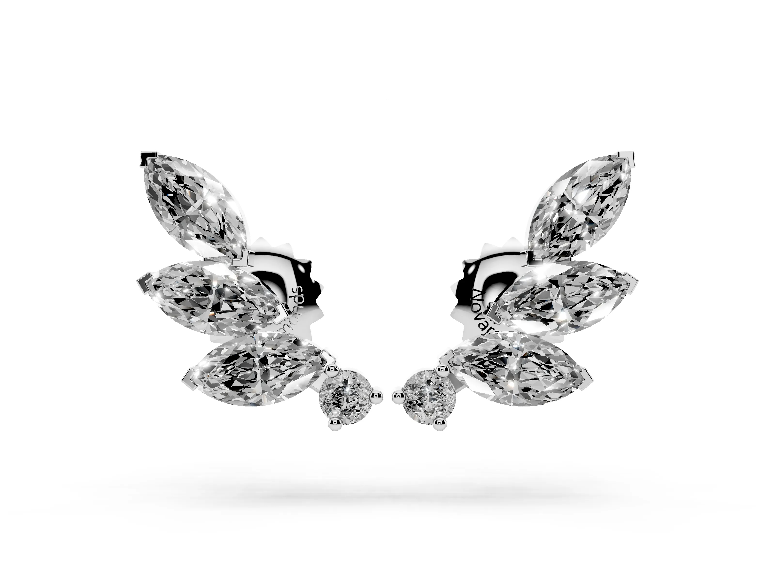 Marquise and Round Lab-Grown Diamond Ivy Leaf Stud Earrings | Slanted Leaf Fan | White Gold