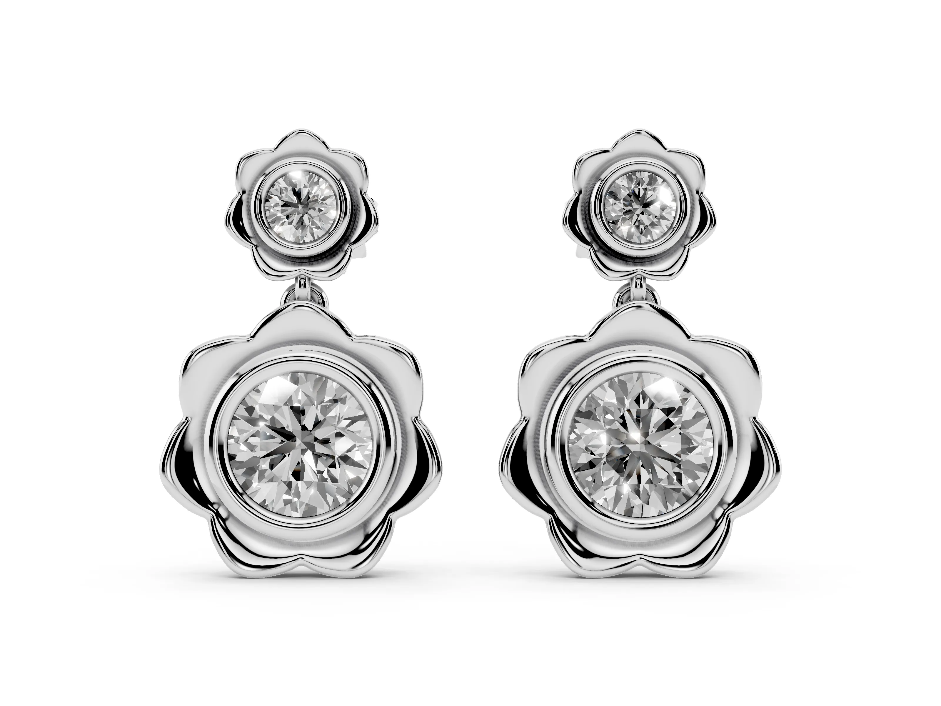 Round Lab-Grown Diamond Bezel Flower Drop Earrings | Double Flower | White Gold