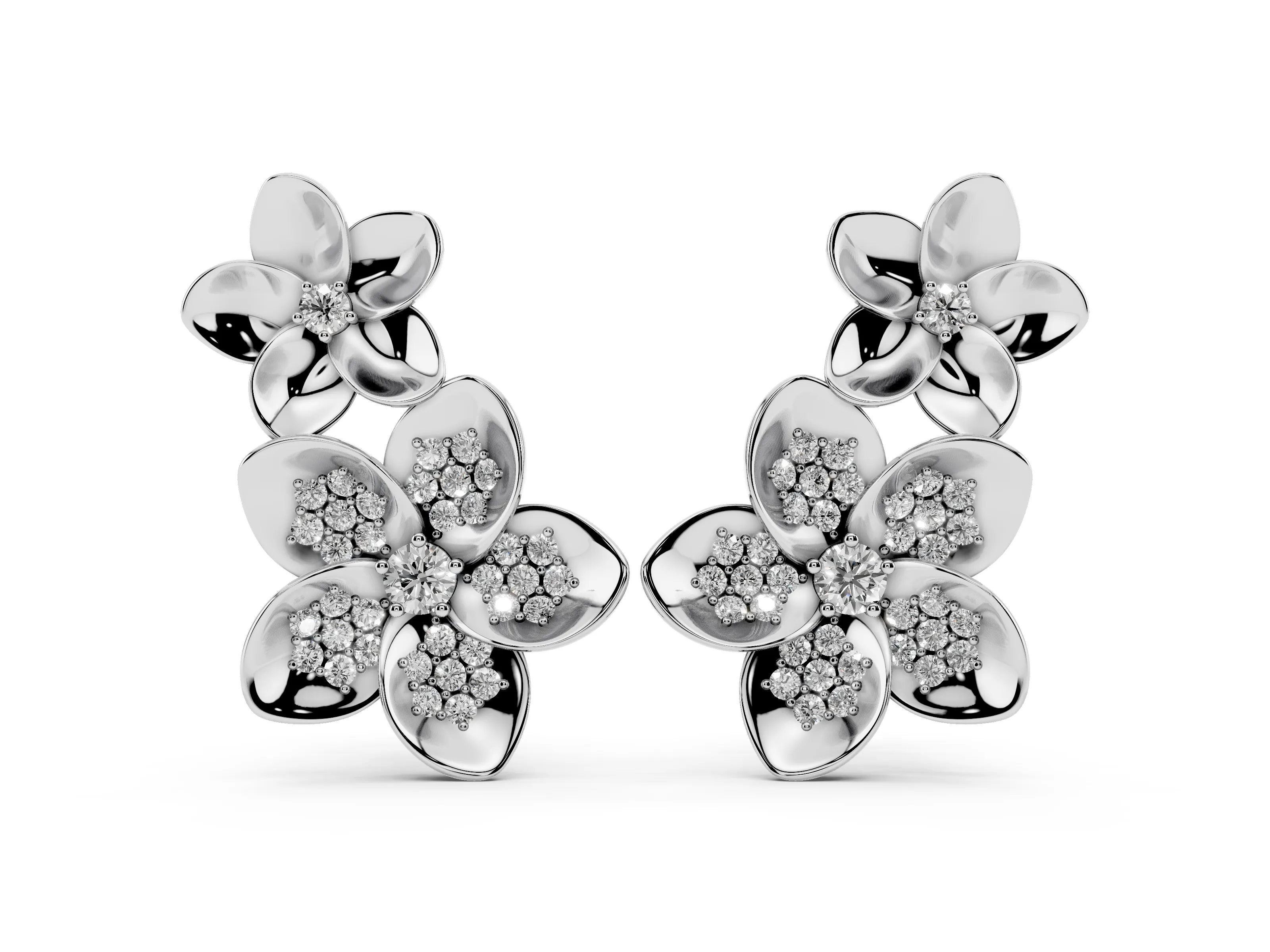 Round Lab-Grown Diamond Plumeria Flower Climber Earrings | Petal Rosettes | White Gold