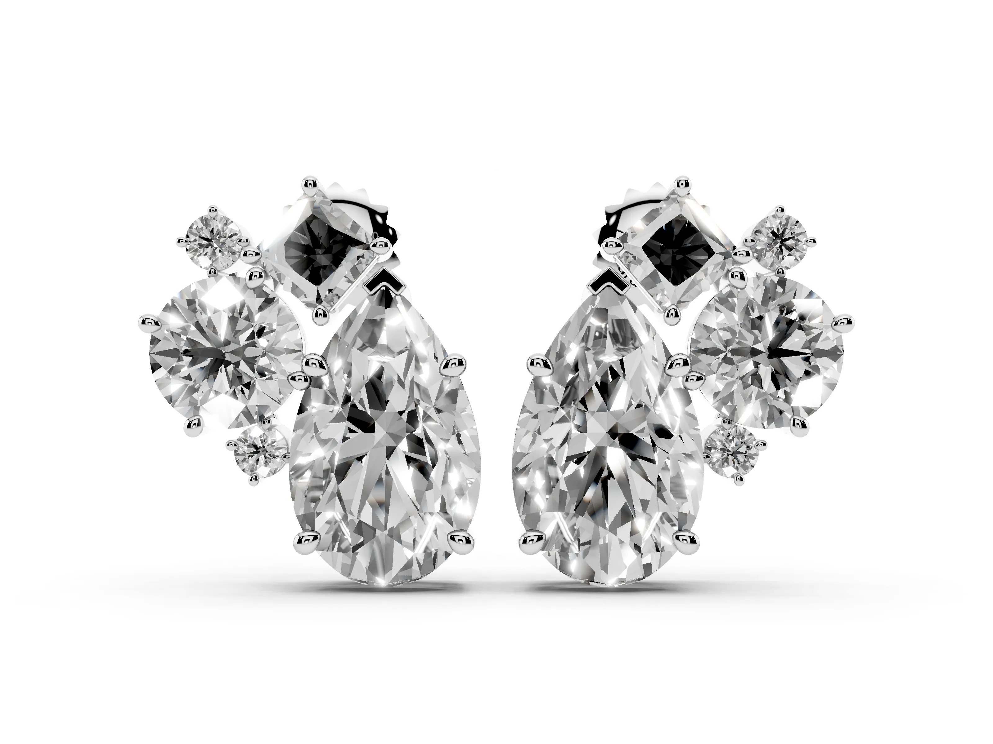 Multi-Shape Lab-Grown Diamond Mosaic Stud Earrings | Pear Princess and Round | White Gold