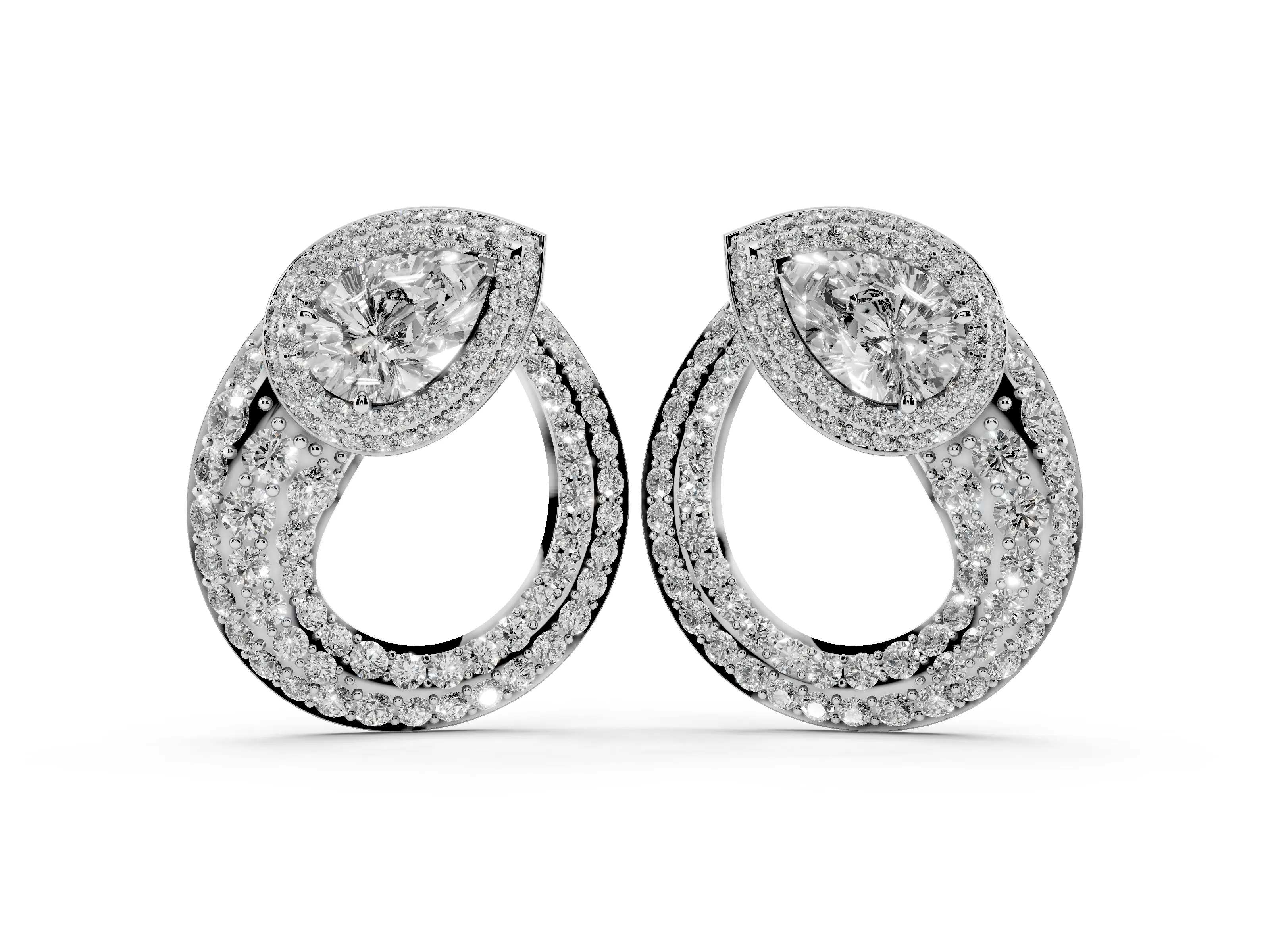 Pear-Shaped Lab-Grown Diamond Double Halo Open Teardrop Stud Earrings | Pavé Loop | White Gold