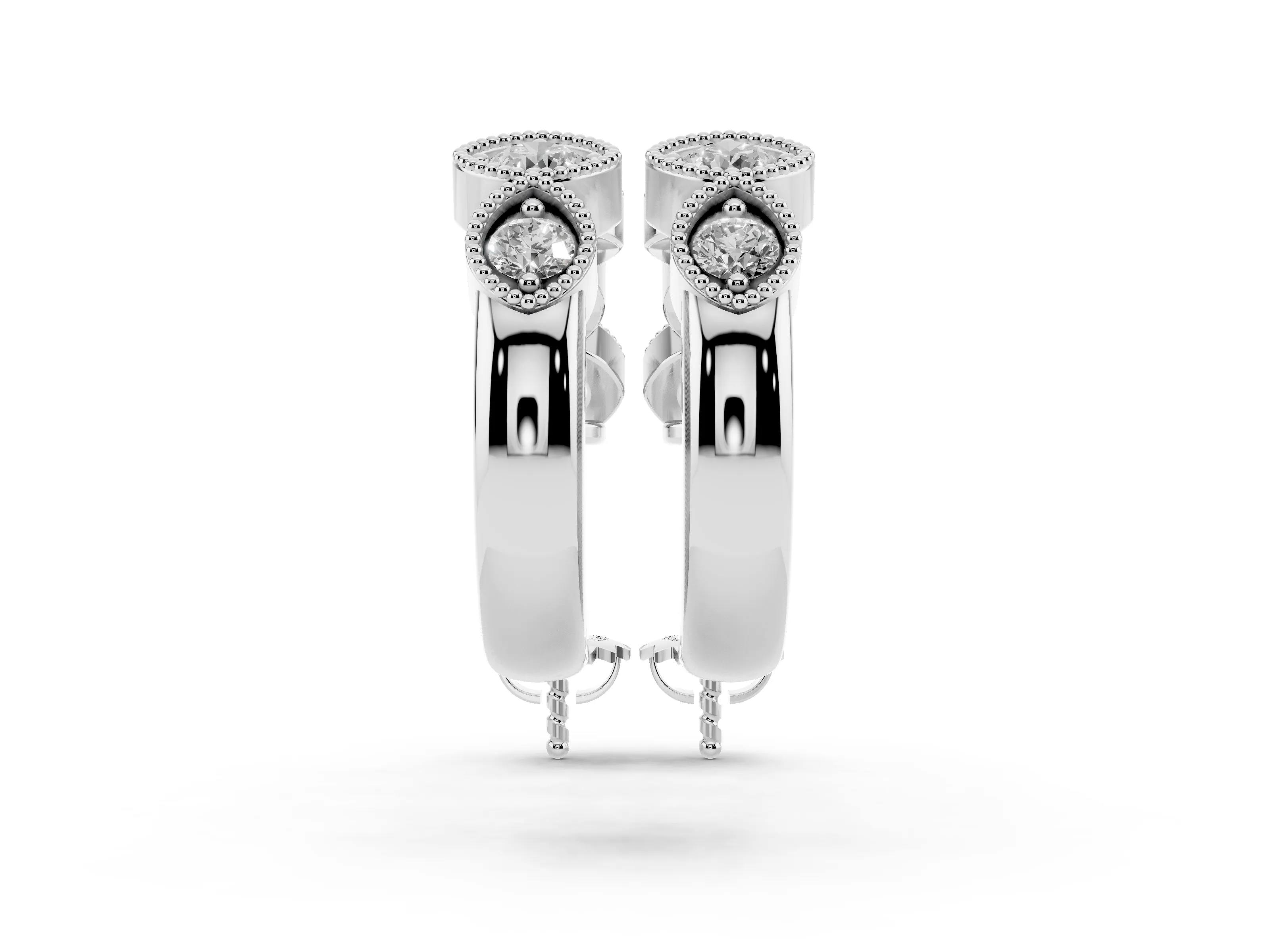 Round Lab-Grown Diamond Vintage Milgrain Hoop Earrings | Cushion and Marquise Frames | White Gold
