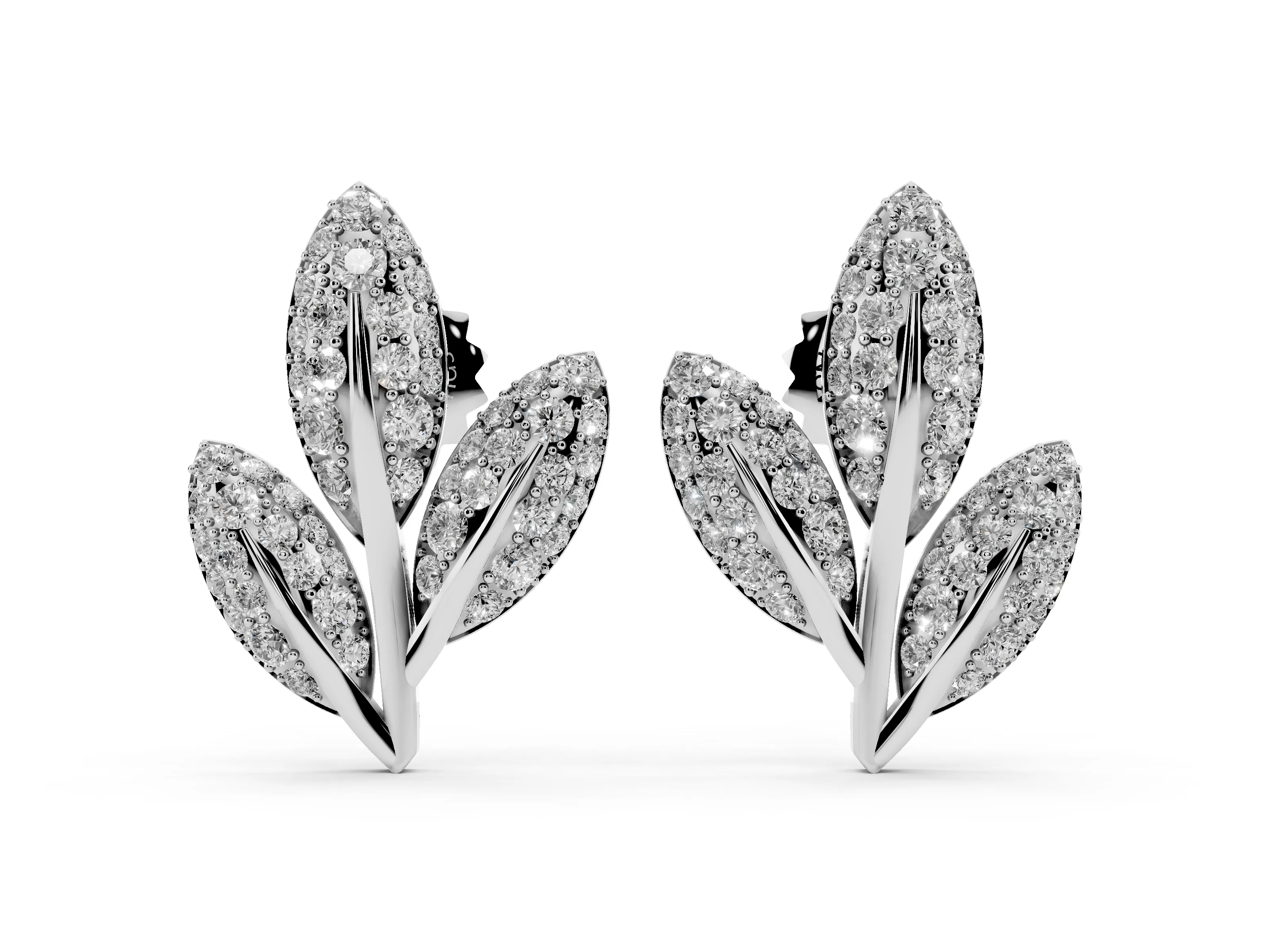 Round Lab-Grown Diamond Pavé Olive Branch Stud Earrings | Three Leaves | White Gold