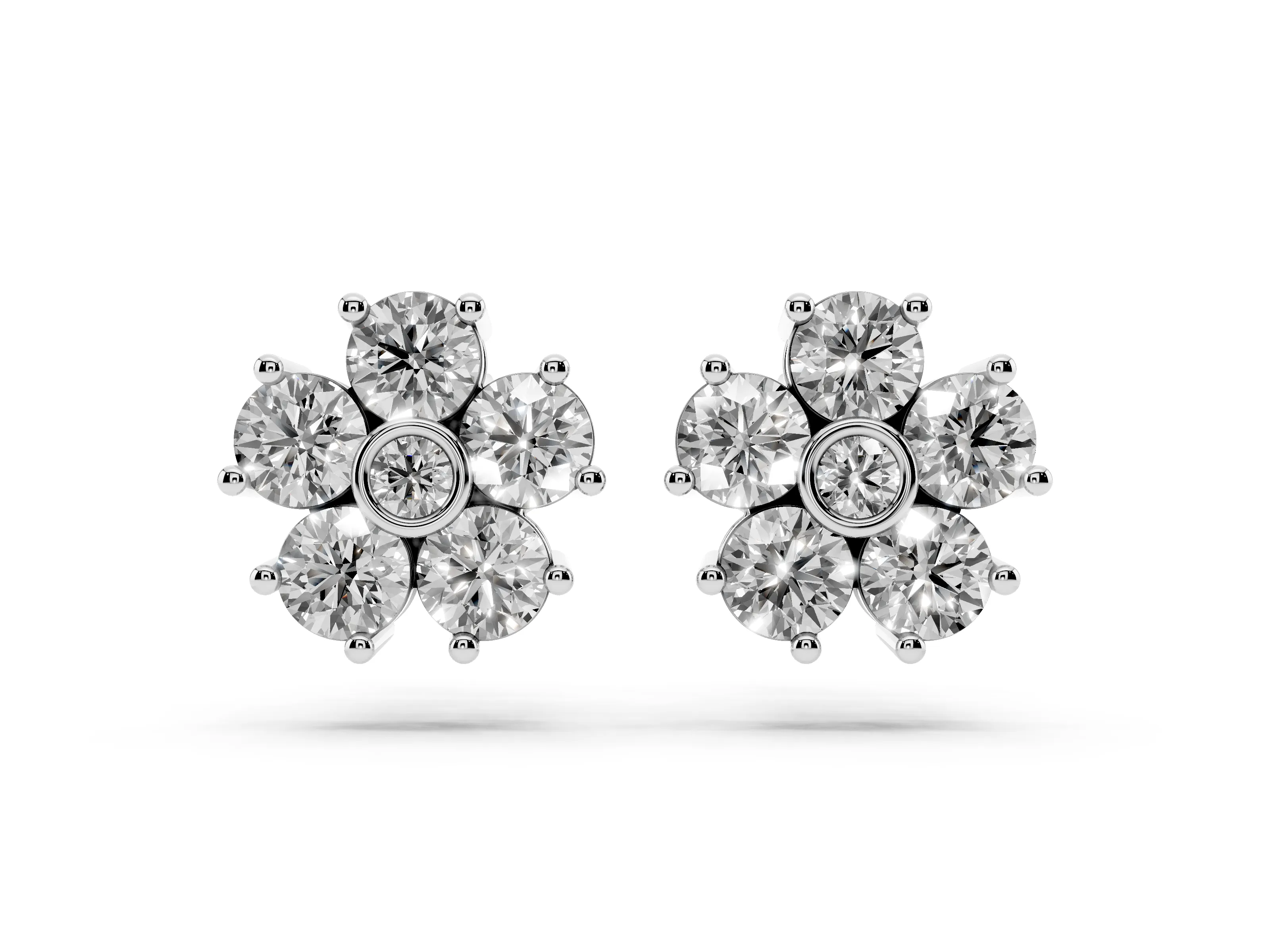 Round Lab-Grown Diamond Flower Cluster Stud Earrings | Bezel-Set Middle | White Gold