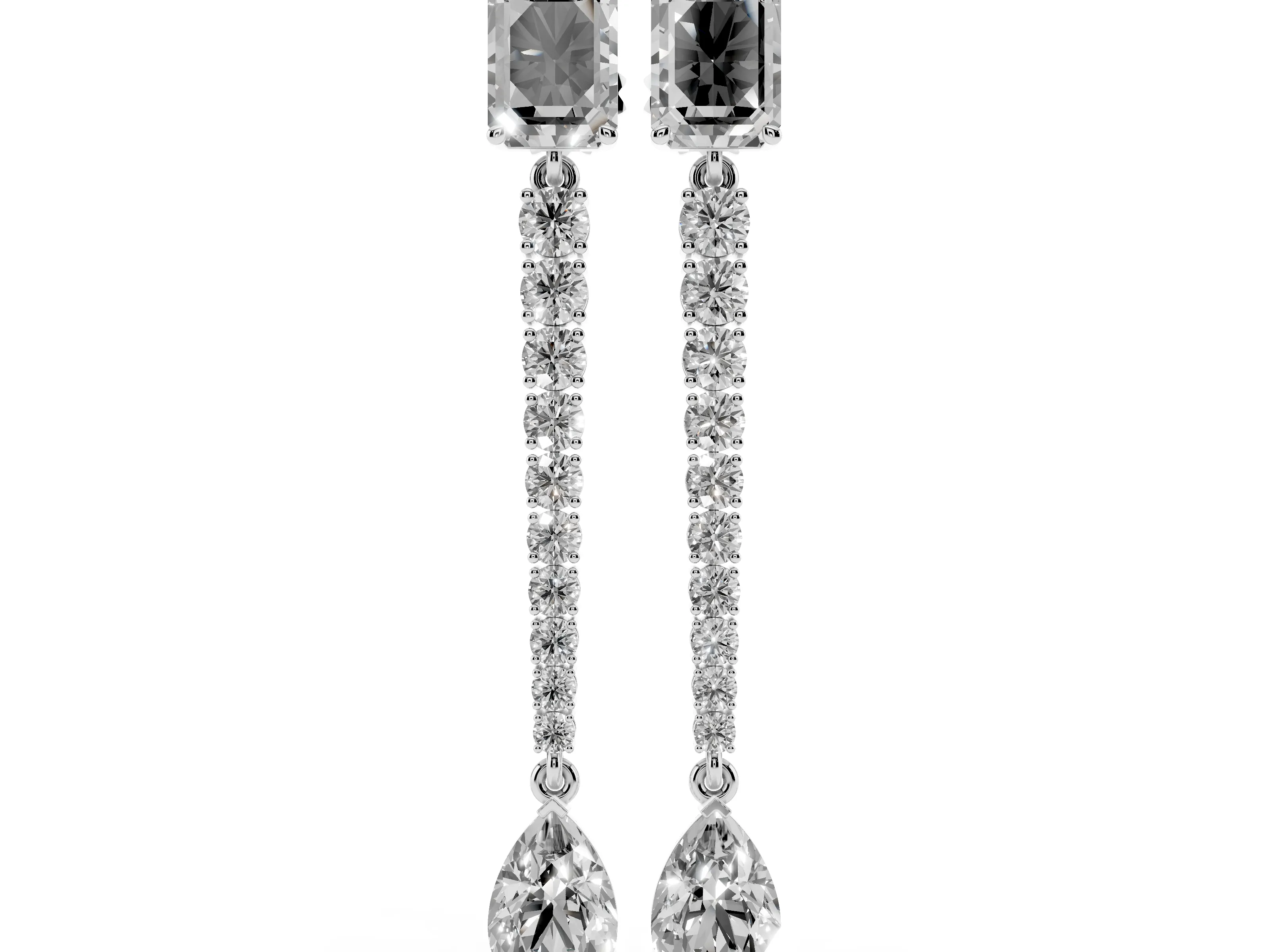 Emerald Cut and Pear Lab-Grown Diamond Graduated Drop Earrings | Round Stone Line | White Gold