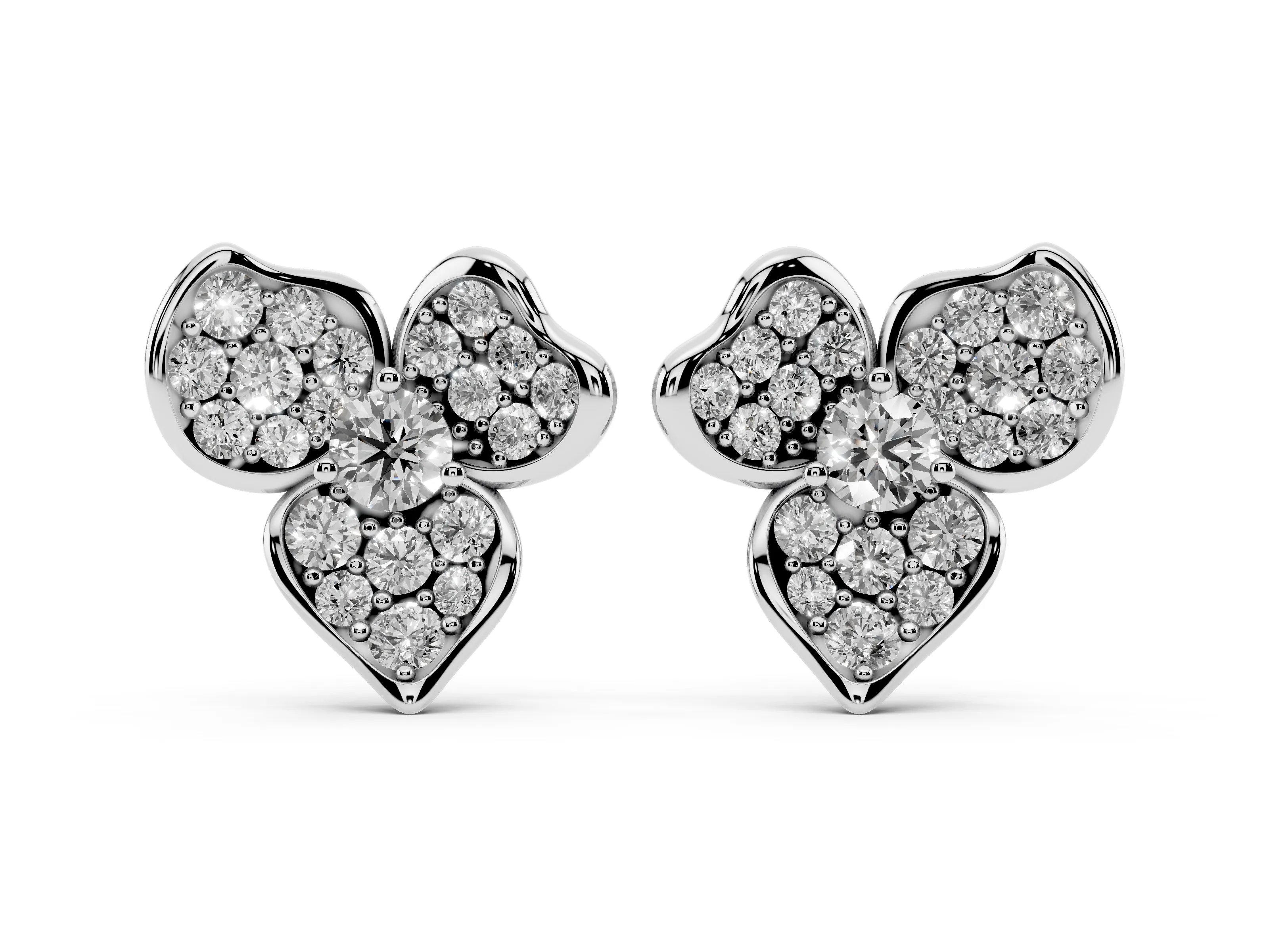 Round Lab-Grown Diamond Pavé Flower Stud Earrings | Three Heart Petals | White Gold